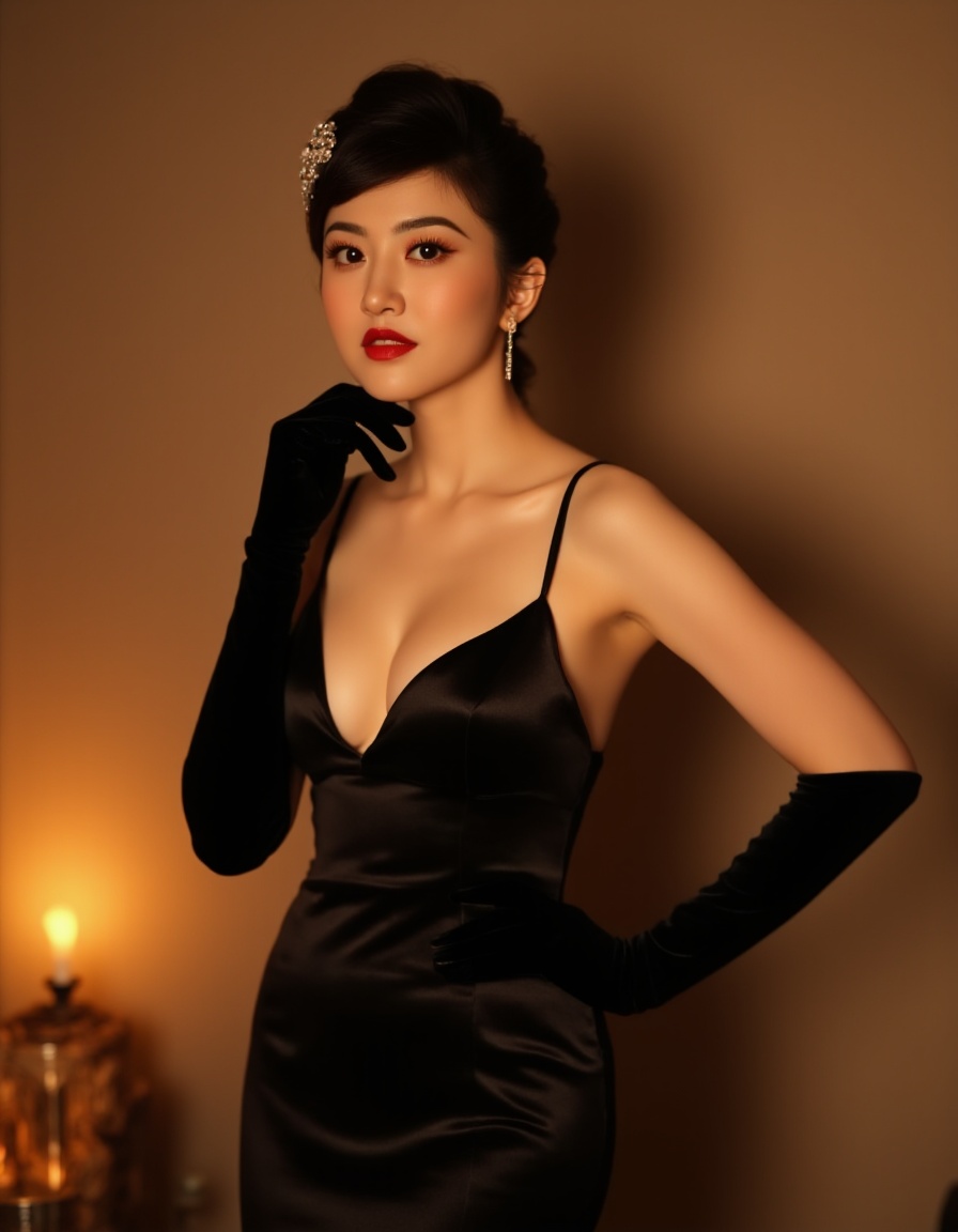 This is a photograph of an Asian woman posing in a sultry,elegant manner. She is standing against a soft,warm background that is likely a gradient of brown and beige tones. Her skin is fair and smooth,with a slight golden hue. Her dark brown hair is styled in an intricate updo,adorned with a sparkling hair accessory that adds a touch of glamour.,She is wearing a form-fitting,black dress with a deep V-neckline that exposes her shoulders and upper back. The dress is made of a luxurious,satin-like fabric that drapes elegantly over her slender frame. She is accessorized with long,black velvet gloves that extend past her elbows,adding a touch of vintage sophistication.,Her makeup is striking,with bold red lipstick and subtle eyeshadow that enhances her large,expressive eyes. She is gazing directly into the camera with a seductive expression,her lips slightly parted and her right gloved hand gently touching her cheek.,In the foreground,there is a soft,warm light source that casts a gentle glow,highlighting her features and creating a warm,intimate atmosphere. The overall mood of the photograph is elegant and sensual,with a vintage-inspired aesthetic.,