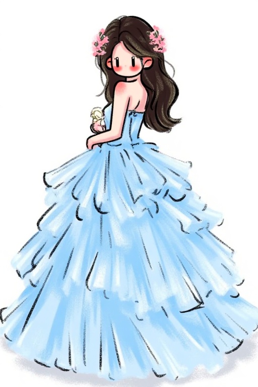 The image depicts a young woman dressed in an elegant,light blue ball gown. The gown features multiple layers of ruffled fabric,giving it a voluminous and graceful appearance. The woman has her hair styled in loose waves,adorned with a light pink flower accessory. Her makeup is subtle yet striking,with a pink blush on her cheeks and red lipstick. The background is plain white,which helps to highlight the subject and her attire.,