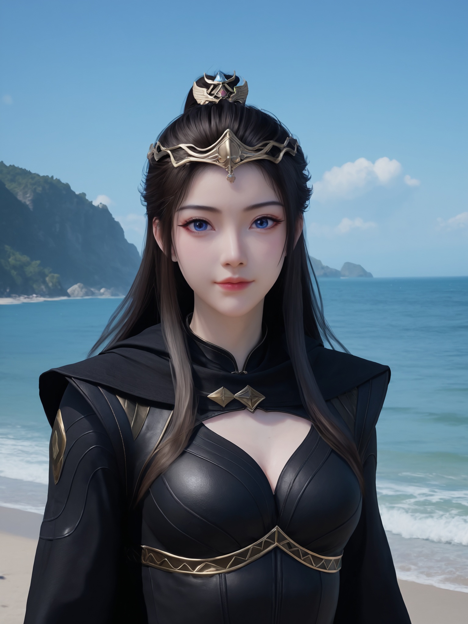 realistic style photo outstanding style,tall,cute,in her teens. Use soft lighting to cast gentle shadows on the subject,adding a touch of dimension to your images without compromising details,score_9,Seaside,beach,waves,<lora:元瑶Pony:0.6>,black hair,blue eyes,a golden headdress, wears a black, form-fitting armor with intricate golden details and a high collar,