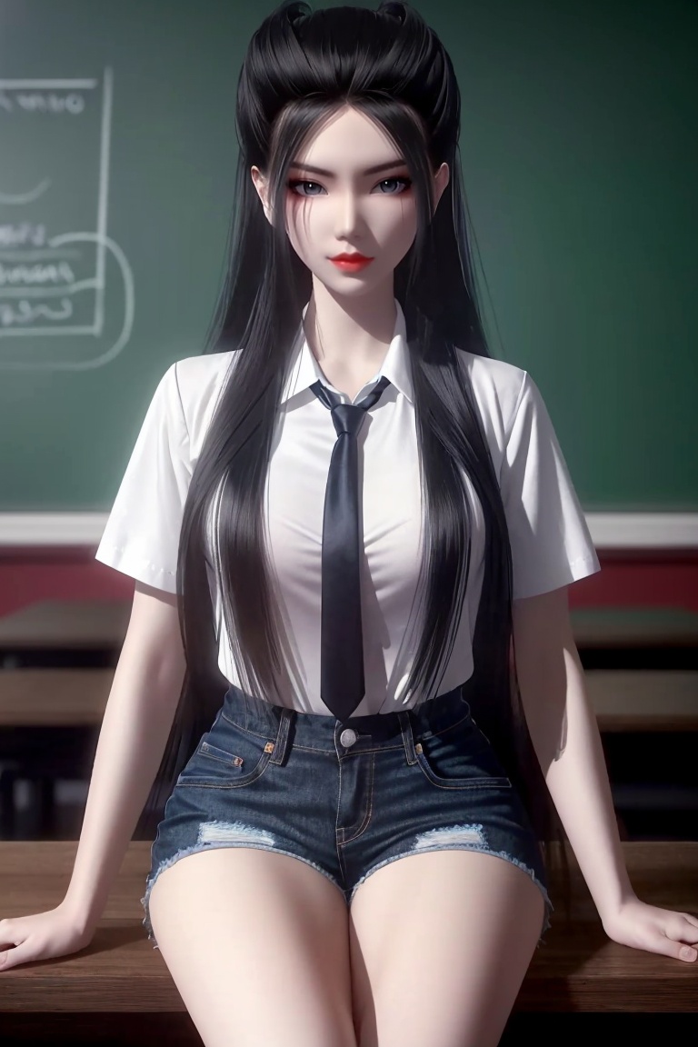 ((HRD, HUD, 8K)),((masterpiece, best quality)), highly detailed, 1girl, solo, black hair, long hair, lips, red lips, makeup, (white shirt:1.2), necktie, denim shorts,blurry background, classroom, chalkboard, sitting, cowboy shot, looking at viewer, <lora:20240518-1715992227646:0.7>