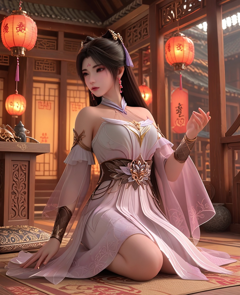 (oriental architecture, elegant decor, sophisticated style:1.1),(Kneeling with hands on the ground, looking focused:1.1),(breasts:1.2),<lora:XL神墓梦可儿:0.95>,miss mengkeer,pink white dress,brown eyes,black hair,long hair,hair ornament,sash,bracer,detached sleeves,earrings,jewelry,, score_9,score_8_up,score_7_up,score_6_up,score_5_up,score_4_up,3d rendering,tag1,tag2, Cinematic Lighting,backlighting,