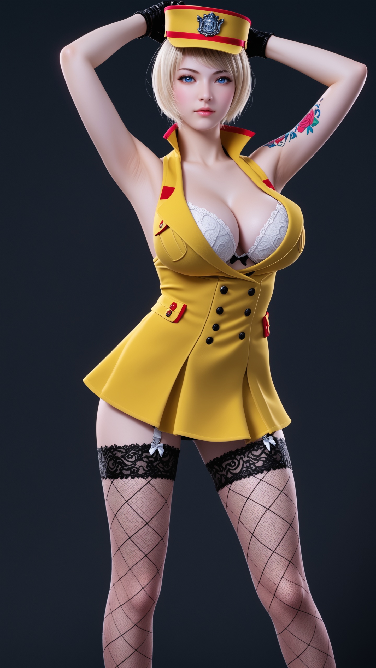 (perfect_anatomy:1.1),(armpits:1.1),(arms up:1.1),standing,(cowboy shot:1.1),<lora:YQpony_CFlinghuzheV4:0.8>,q1528437228,solo,1girl,hat,short_hair,breasts,cleavage,gloves,fishnets,thighhighs,underwear,bra,blue_eyes,dress,large_breasts,tattoo,fishnet_thighhighs,garter_straps,pantyhose,high_heels,realistic,blonde_hair,(looking_at_viewer:1.1),(huge breasts:1.1),perfect_anatomy BREAK perfect_anatomy,solo focus,(score_9:1.2),masterpiece,(best quality:1.1),(simple background,pure black background,black background:1.3),(simple_background:-1),(white background:-1),(blurry:-1.2),(mutated_hands:-1.2),perfect_anatomy,