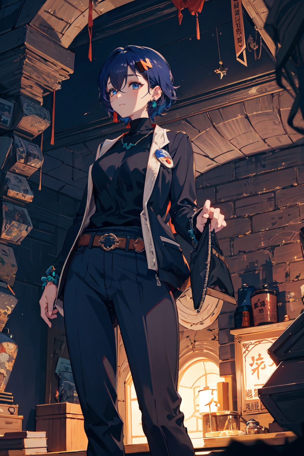 <lora:Belle-000018:0.8>,Belle CYQL,1girl,looking at viewer,solo,blue hair,short hair,hair between eyes,blue eyes,jewelry,hair ornament,hairclip,earrings,Aran sweater blazer worn over a turtleneck and tailored trousers with loafers,kind_smile,profile,Descending beneath the earth, fantastical stalactites and stalagmites take on eerie shapes under dim light,beautiful detailed sky,beautiful detailed glow,posing in front of a colorful and dynamic background,masterpiece,best quality,beautiful and aesthetic,contrapposto,female focus,wallpaper,