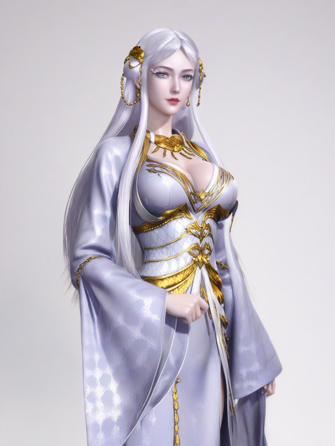 score_9,<lora:SF_BaiLong_Pony_Realism2.3-000005:0.7>,1girl,solo,dress,long hair, lipstick,earrings,eyelashes,large breasts, hair ornament,standing,wide sleeves, looking at viewer,white background,simple background,cowboy_shot,