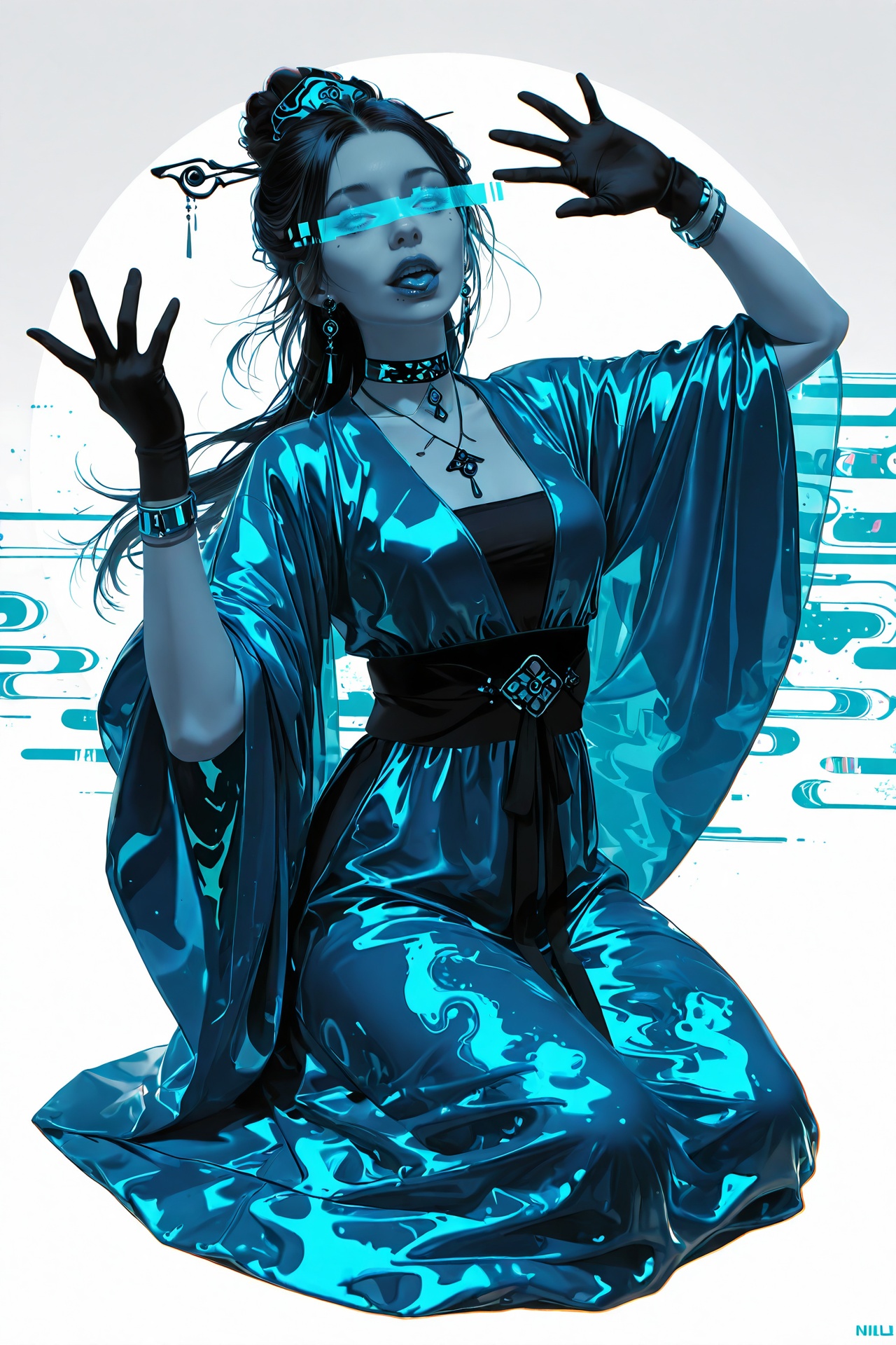 realistic,masterpiece,best quality,amazing quality,highres,absurdres,very aesthetic,very awa,expert shading,ultra detailed,UHD,8K,BREAK realism,N3onSp3ctra,3l3ganc3,semi-realism,1girl,1girl,solo,poster,detailed face,detailed skin,cute,sexy,1girl,solo,lips,choker,blonde,long hair,parted lips,nose,mole,blue theme,teal theme,simple background,white background,transparent,glass,digital glitch over eyes,graphics,holographic blue graphics over eyes,upper body,realism,high fashion,surrealism,colorful,dreamy,soft hazy lighting,cold expression,(sitting pose:1.3),reaching out,from above,high angle,focus on full body,<lora:96YOTTEA-WAI:0.25>,limited palette,complementary colors,1girl,woman,looking at viewer,silhouette,tilted angle,face focus,Dramatic shadows,floating hair,rainbow lighting,chromatic aberration,zigzag background,thick thighs,open mouth,ahegao,thick tongue,cybersijren,dimly lit,black ink,inked cyber details,dark atmosphere,masterpiece,detailed_eyes,high_quality,best_quality,highres,subject_focus,Limited_Palette,(minimalism:1.2),vector art,Fezat1 Style,<lora:guman-ill-Tanger-000007:0.8>,concept art,complex pattern,thick coating,revealing clothes, 1girl,jewelry,white background,wide sleeves,bracelet,hanfu,simple background,long sleeves,solo,hair ornament,standing,necklace,black hair,sash,chinese clothes,dress,breasts,hands up,closed mouth,artist name,robe,smile,earrings,updo,makeup,hair stick,blue dress,collarbone,hair bun,headpiece,slim,<lora:NeonSpectra:0.8>,