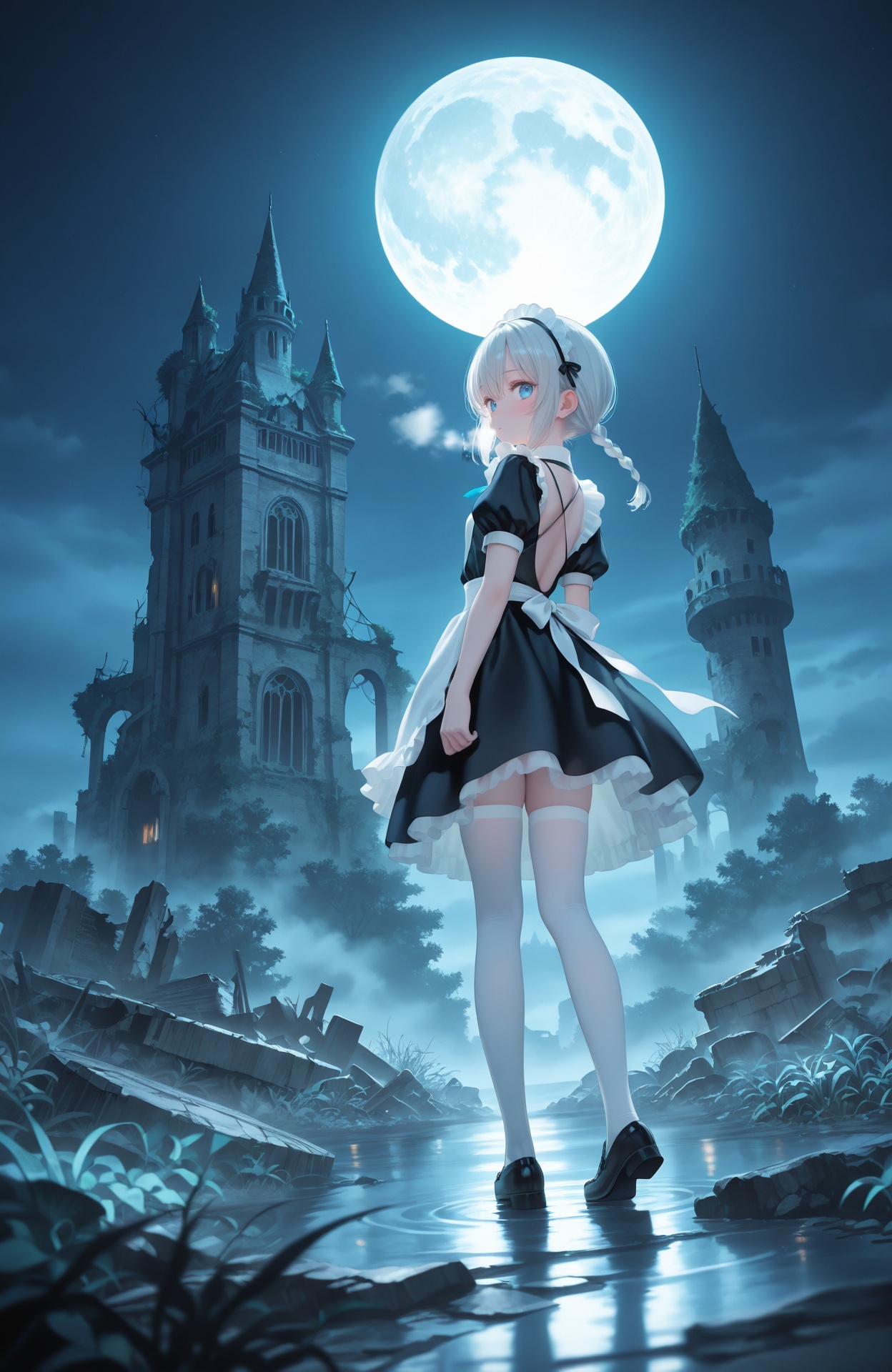 masterpiece, best quality, ultra-detailed, high resolution illustration,extremely detailed, intricate detail, delicate and beautiful,cinematic lighting, detailed shadow, best illumination,1girl, solo,teenager, petite, white skin,silver hair, short hair, braided hair,blue eyes,maid, housemaid,backless dress, skirt,white thighhighs, black loafers,from back, looking back, arms at sides,dynamic angle, low angle, slight top-down perspective,winter, cold atmosphere,full moon, moonlight,night sky, nimbostratus clouds,grove, lake, water surface, ripples,castle, ruins, rubble ruins,overgrown plants, entangled plants,fog, mist, cold air,depth of field, volumetric lighting,rim light, backlight, soft glow,calm, quiet, melancholic atmosphere
