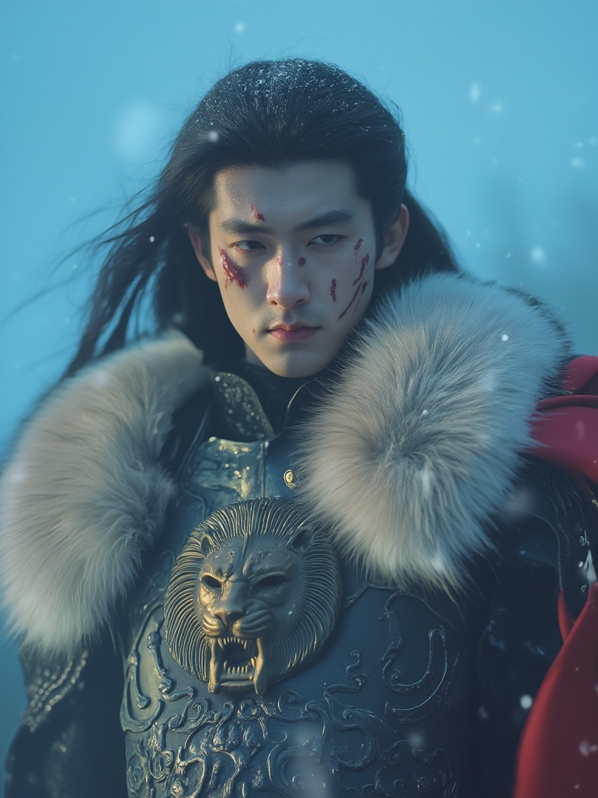neomj,neomj,A man with long dark hair,adorned in ornate,dark armor with a prominent lion-head piece on the chest. They have a fur collar and a red cape. They also have fresh wounds on their face.  Snowflakes fall gently against a blurred,light blue background.,<lora:neomj古风v9_15>,very deep cuts on his face,serious expression,
