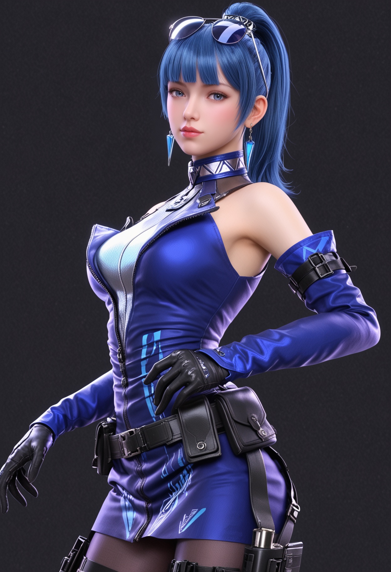 (upper_body:1.2),(looking at viewer:1.1),facing viewer,direct gaze,<lora:YQ_pony_wumengmeng_V4:0.8>,1girl,q1528437228,solo,blue hair,eyewear on head,earrings,gloves,jewelry,ponytail,detached sleeves,long hair,pantyhose,belt,dress,holster,blunt bangs,black hair,jacket,brown eyes,thigh holster,collar,sleeveless,blue eyes,skirt,blue dress,grey eyes,belt pouch,thigh strap,BREAK (simple background,pure black background,black background:1.1),perfect anatomy,
