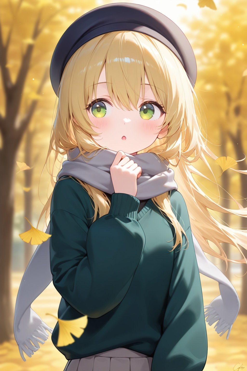 1girl, ginkgo leaf, solo, green eyes, long hair, scarf, leaf, hat, outdoors, black headwear, sweater, signature, skirt, tree, blonde hair, beret, long sleeves, hair between eyes, black sweater, blush, autumn leaves, autumn, falling leaves, parted lips, grey skirt, :o, blurry, day, hand up, blurry background, grey scarf, puffy long sleeves, upper body, open mouth, pleated skirt, looking to the side, green sweater, puffy sleeves