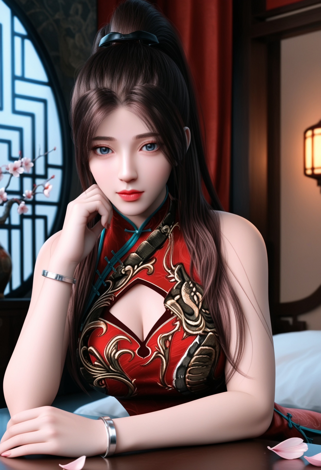 masterpiece,best quality,amazing quality,very aesthetic,high resolution,ultra-detailed,absurdres,scenery,photorealistic,(looking at viewer:1.1),upper body,(Dark room:1.3),(moody lighting:1.1),peach blossom,falling petals,(large breasts:0.8),tangzichen,1girl,solo,long hair,brown hair,chinese clothes,dress,china dress,red dress,blue eyes,ponytail,sleeveless,thigh strap,jewelry,bracelet,side slit,sleeveless dress,brown eyes,black hair,high ponytail,high heels BREAK photorealistic details,<lora:QQSilltangzichenV1:0.8>,