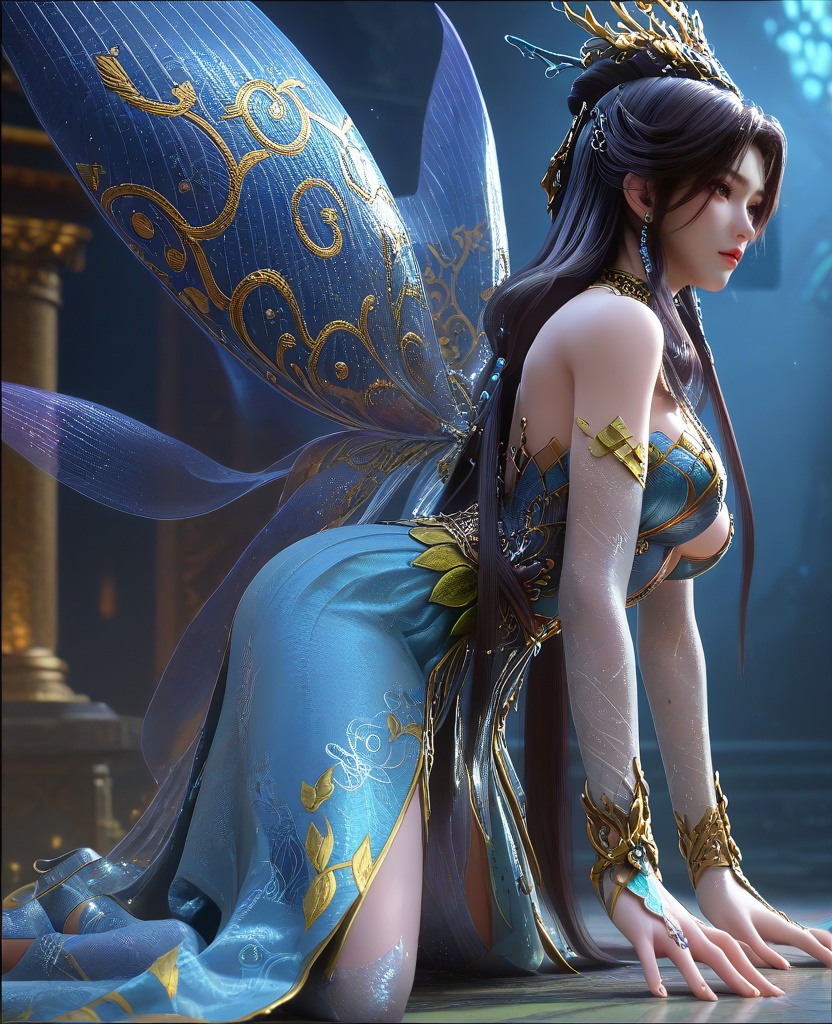 (oriental architecture, elegant decor, sophisticated style:1.1),(all fours, elbows resting on the ground,:1.1),Through a side-profile view, capturing the contour of their face,(large breasts:1.2),shoes,<lora:XL16云深不知梦羲和罄水珠:0.95>,miss xihe,blue corset tiered gown,mole under left eye,black hair,traditional chinese updo with long front strands,absurdly long hair,hair ornament,jewelry,elbow gloves,fairy wings,bracelet,bare shoulders,, score_9,score_8_up,score_7_up,score_6_up,score_5_up,score_4_up,3d rendering,tag1,tag2, Cinematic Lighting,backlighting,