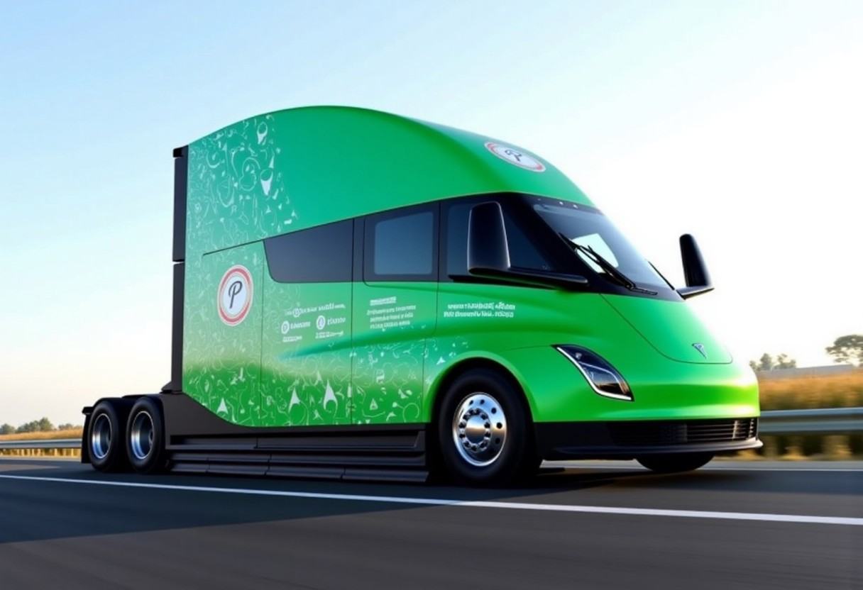 TOKTesla-Semi-shipped "Generar una imagen de un camión Tesla Semi futurista completamente envuelto en los colores de la ma...