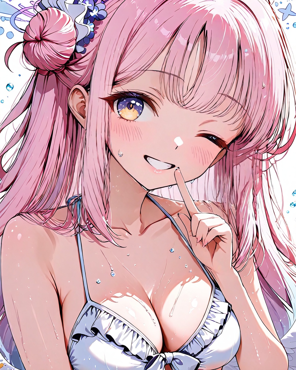 mika (blue archive),O,1girl,swimsuit,one eye closed,bikini,breasts,wings,solo,halo,navel,long hair,smile,yellow eyes,looking at viewer,frills,mika (blue archive),frilled bikini,finger to mouth,blush,cleavage,white bikini,low wings,bangs,angel wings,pink hair,medium breasts,white wings,large breasts,feathered wings,wet,shushing,water drop,grin,purple eyes,(UHD),anatomically correct,accurate,textured skin,super detail,high details,award winning,best quality,high quality,retinal,HD,16k,1080P,