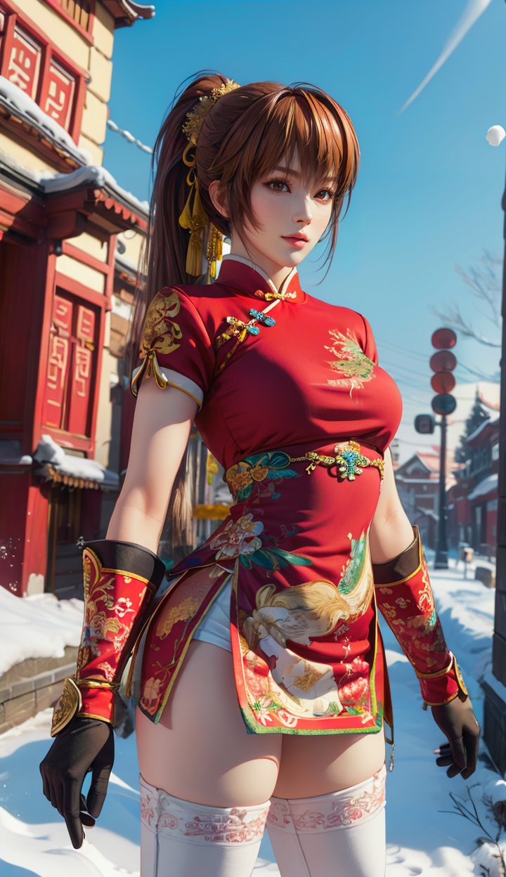 masterpiece,high quality,kasumi,brown eyes,1girl,solo,looking_at_viewer,<lora:add_detail:0.3>,3D graphics,brown hair,ponytail,(white thighhighs),simple background,outdoors,(snow),snowflakes,<lora:kasumi-000003:0.75>,chinese clothes,china dress,new year,hot_pants,shorts under dress,