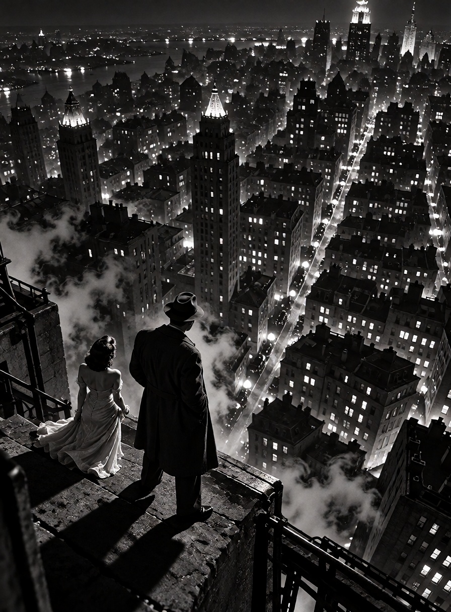An isolated private detective in a dark fedora and trench coat stands on the very edge of an immense skyscraper rooftop,...