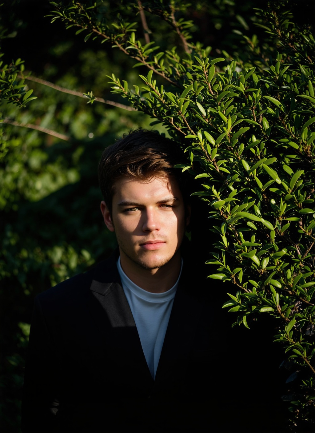 HDR photo of cinematic photo A guy is hiding in a bush . 35mm photograph,  film,  bokeh on Tensor.Art