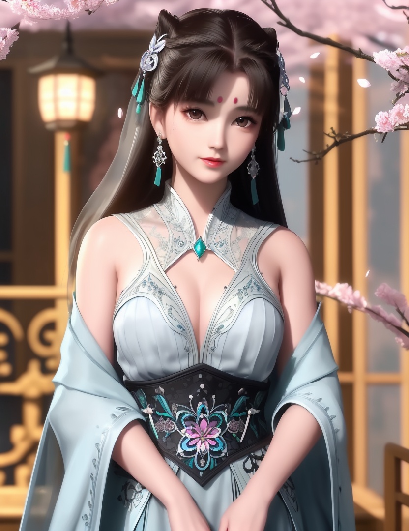ultra realistic 8k cg, picture-perfect face, flawless, clean, masterpiece, professional artwork, famous artwork, cinematic lighting, cinematic bloom, perfect face, beautiful face, fantasy, dreamlike, unreal, science fiction,  beautiful clothes, lace, lace trim, lace-trimmed legwear,  (rich:1.4), prestige, luxury, jewelry, diamond, gold, pearl, gem, sapphire, ruby, emerald, intricate detail, delicate pattern, charming, alluring, seductive, erotic, enchanting, hair ornament, necklace, earrings, bracelet, armlet,halo((,1girl, ,))(((,teenage,full moon,lantern, cherry blossoms, 1girl, tree, spring_\(season\), solo, black_hair,chinese clothes,looking at viewer, upper body, ))) <lora:DA_LanLingEr:0.6>