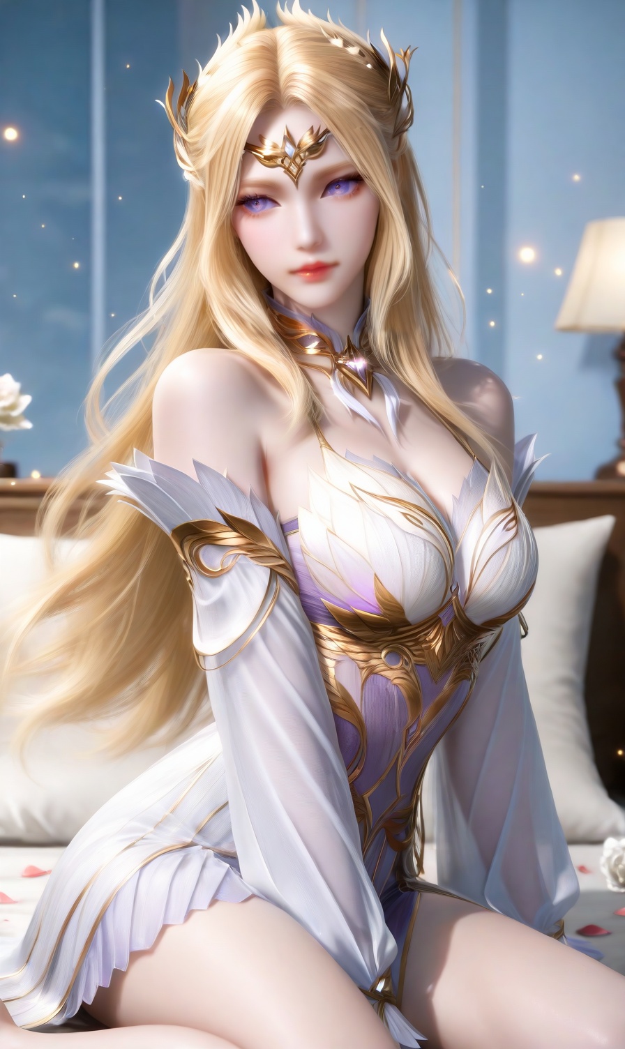 (round breast:1.2) BREAK fair_skin,volumetric,smooth skin,(extremely detailed eyes:1.3),pale skin,looking_at_viewer,bedroom,bed,pillow,indoor,petals,dynamic composition,<lora:RealSkin真实皮肤_xxXL_v1:0.7>,3D photorealistic character,3D cinematic photorealistic character,hyperrealistic skin with subsurface scattering,detailed eyes with tiny blood vessels,lifelike hair with light refraction,high-fidelity clothing with woven texture,high polygon count for anatomical accuracy,16K resolution,advanced ray tracing,natural eyelid creases,PBR materials with roughness maps,PBR materials,area light source,soft shadow layering,70mm lens depth of field,realistic muscle contours,subtle micro-expressions,anti-aliasing,**clear sclera blood vessels,realistic eye gloss**,soft golden glow,glittering particles,natural tissue layer differentiation,realistic skin subsurface scattering,surreal,highly detailed BREAK <lora:性张力Expressive_H-000001(1):0.4>,<lora:真实感增强make25d_xl_v10:0.7>,nice hands,the perfect hand,with a high-end texture,<lora:皮肤凹痕:0.1>,skindentation,<lora:gufeng_impasto_2:0.4>,gufeng,<lora:gwmdetail_lora_r64_sdxl:0.7>,<lora:青玄_千仞雪v60_illust:0.8>,qianrenxue,1girl,solo,blonde hair,purple eyes,long hair,hair ornament,closed mouth,dress,detached sleeves,sitting,wariza,