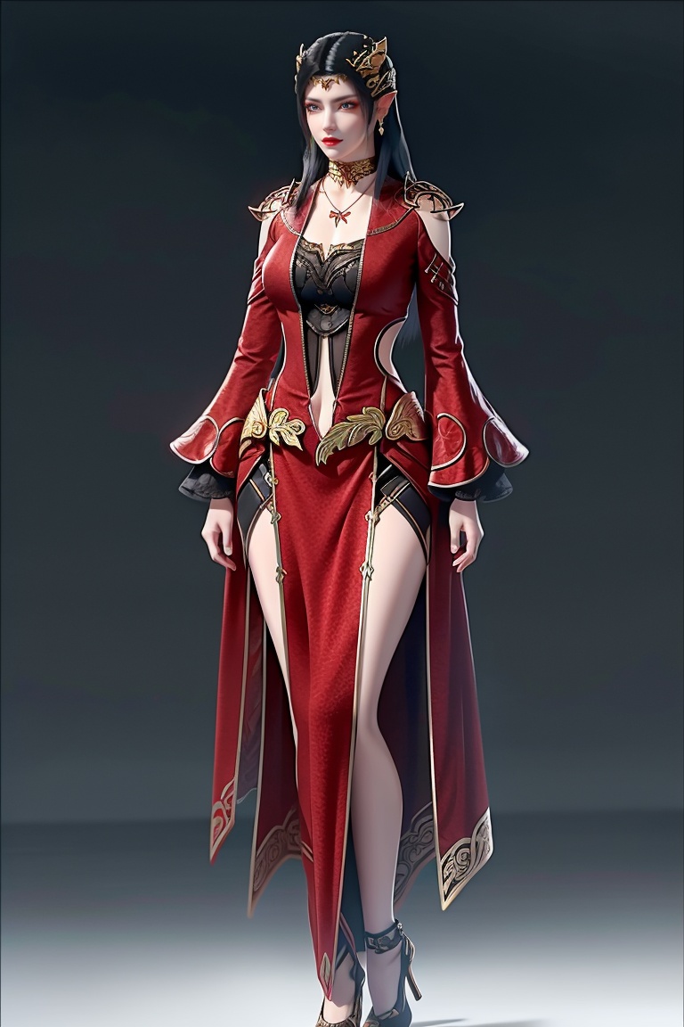 ((HRD, HUD, 8K)),((masterpiece, best quality)), highly detailed, (perfect anatomy:1.2),1girl, solo, long hair, black hair, hair ornament, pointy ears, blue eyes, red lips, makeup, earrings, necklace, jewelry, breasts, navel,dress, red dress, clothing cutout, high heels, grey background, simple background, (full body), standing, looking at viewer, <lora:MeiDuSa_v2.0-shishu:0.8>