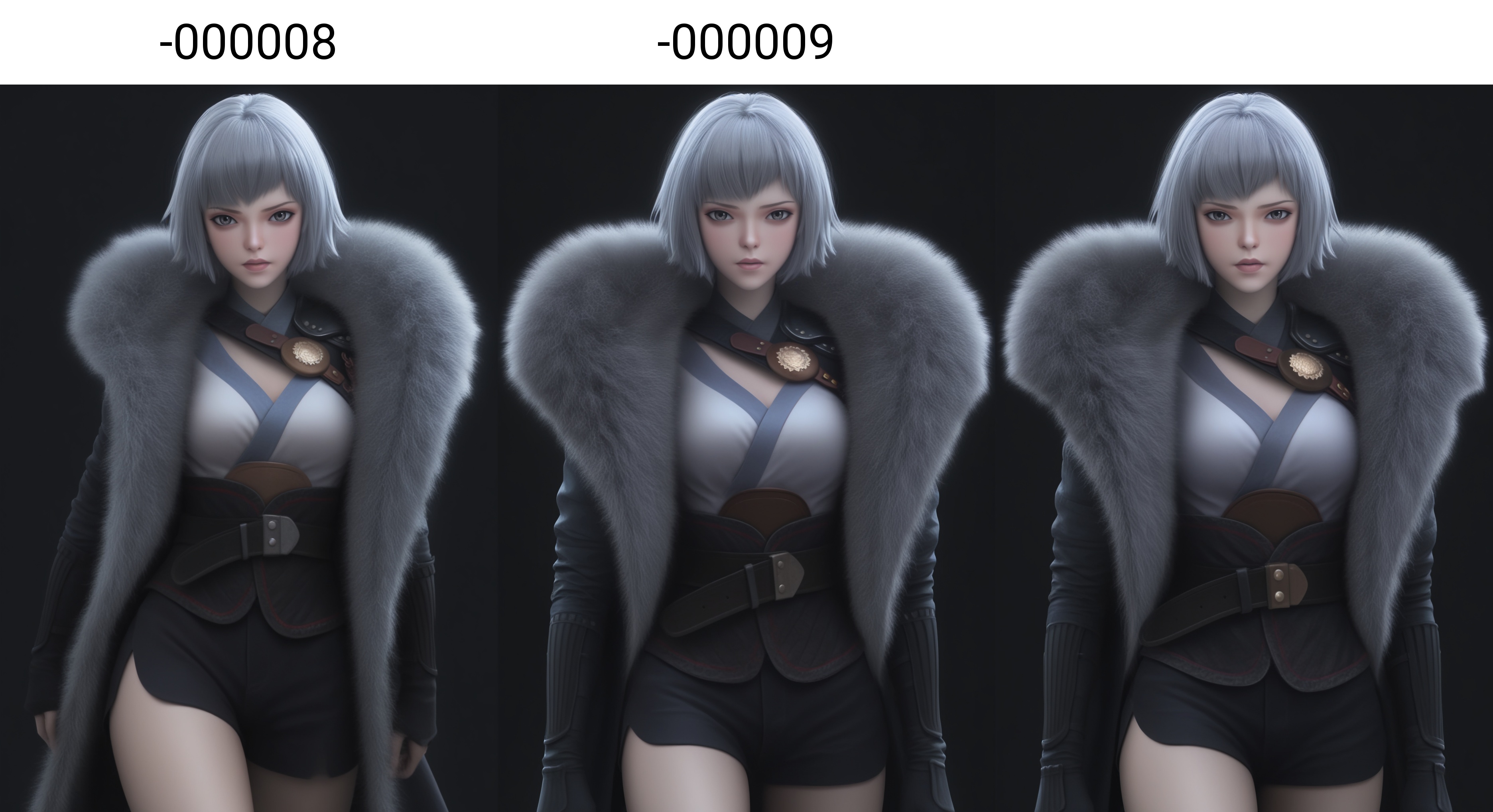 (score_9),masterpiece,best quality,absurdres,highres,(white_skin),(Ivory_skin),light_skin,BREAK<lora:白月魁-ill-000008:0.8>,name\(byk\),1girl,solo,short hair,grey hair,grey eyes,fur trim,single pauldron,cape,BREAKlooking at viewer,front view,fighting stance,BREAKsimple background,black background,