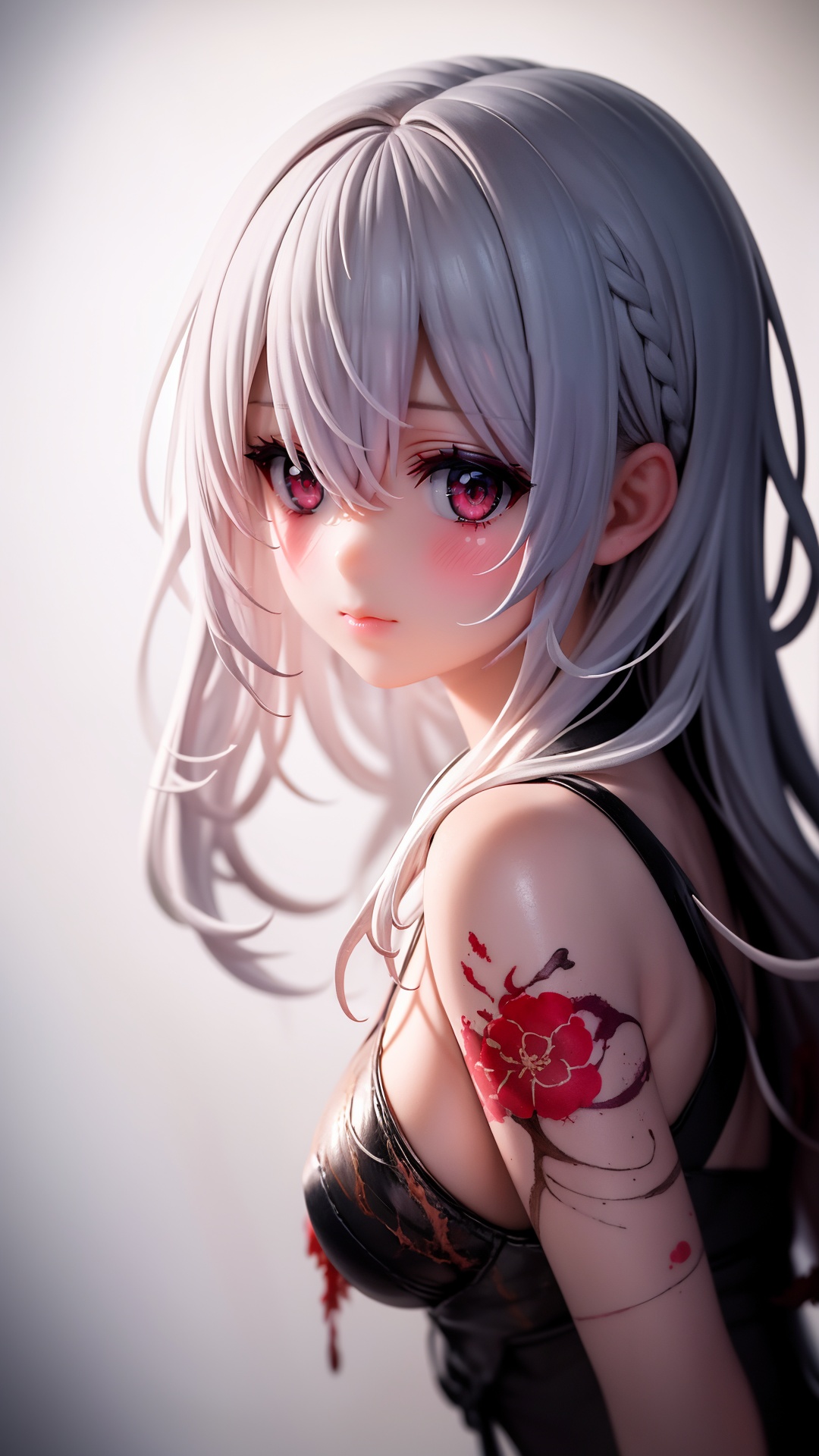 1girl, (ishida sui: 1.2), (sketch:1), limited palette, red eyes, silver hair, shiny skin,empty eyes, (lips:0.4), (watercolor:0.8), (ink splatter: 1.2), from side, hair flower, (carne griffiths:1.2), red flower,masterpiece, cinematic shadows,deep shadows, intricate details, award winning, beautifully lit,cinematic lighting,ray tracing