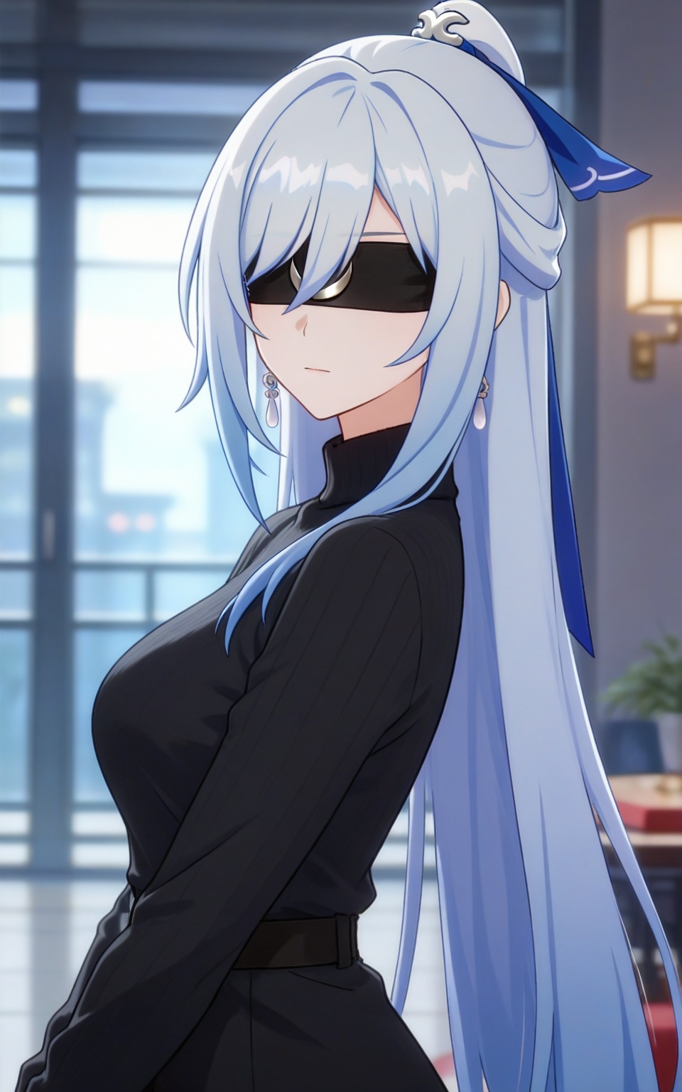 depth of field,masterpiece,best quality,very aesthetic,alternate costume,alternate costume,2024,2023,perfect composition,ultra-detailed,extreme aesthetic,masterpiece,best quality,good quality,newest,year 2024,year 2023,very aesthetic,absurdres,looking_at_viewer,colorful,<lora:镜流·衣服百搭ILL:0.8>,jingliu \(honkai: star rail\),light blue hair,long hair,high ponytail,hair_ornament,hair bow,hair between eyes,black blindfold,earrings,upper_body,
