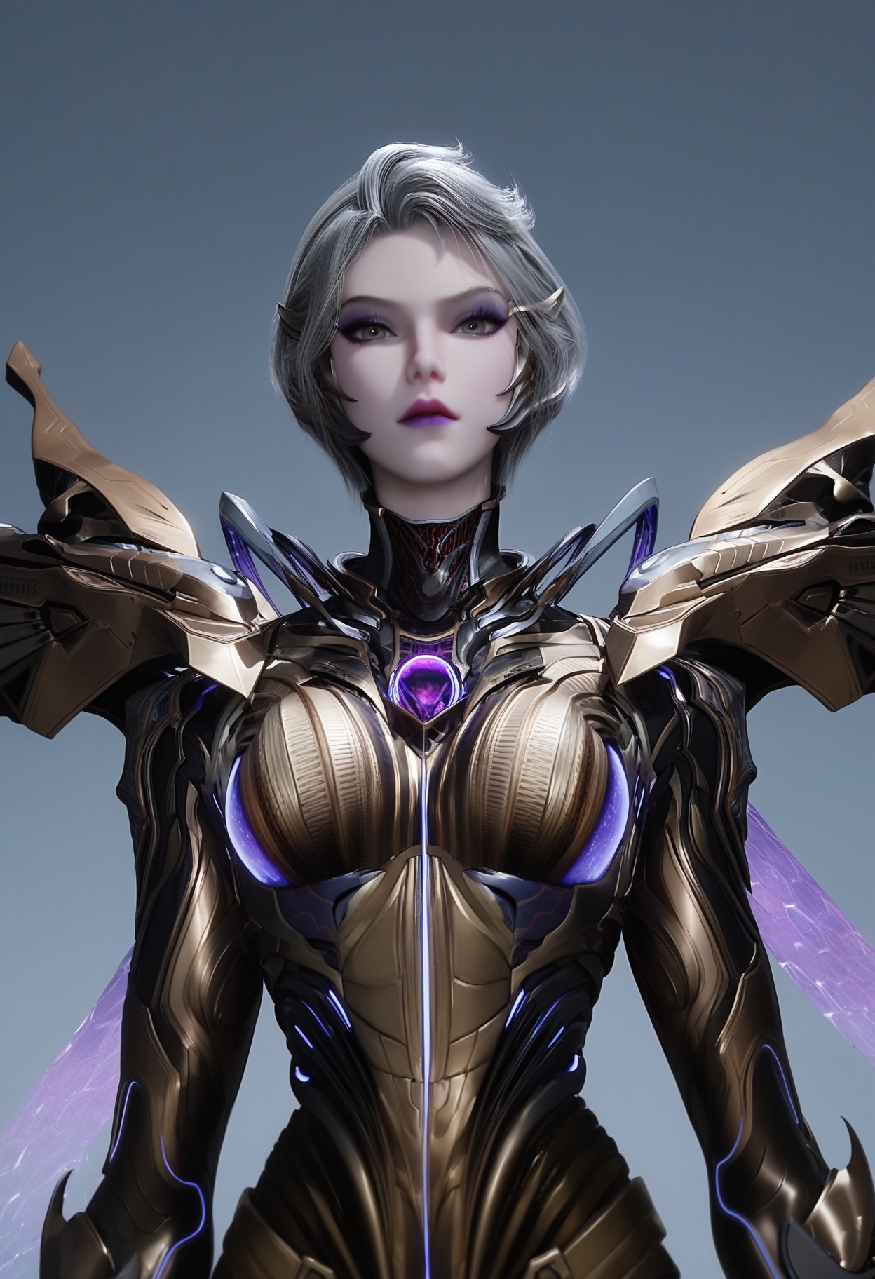 (score_9),cowboy shot,<lora:九皇女-apony:0.82>,jhn,1girl,solo,short hair,grey hair,purple lips,eyeshadow,makeup,sci-fi suit,mechanical wings,bodysuit,tight,<lora:perfect eyes_v1:0.8>,light blush,Expressiveh,<lora:Expressive_H-000001:0.8>,collarbone,(glamor:1.2),curvy,BREAKlooking at viewer,front view,<lora:e肤色滑块:0.5>,fair_skin,(pale_skin),(white skin),<lora:e色温:0.35>,light skin,BREAKsimple background,grey background,ultra-detailed skin texture,detailed textures,4K ultra HD,sharp focus,high detail,natural lighting,high contrast,hearts,Volumetric Lighting,Tyndall effect,