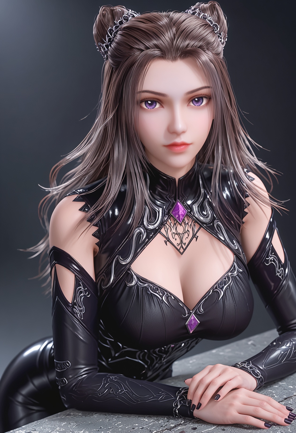 perfect_anatomy,(score_9:1.1),(upper_body:1.2),looking_at_viewer,<lora:YQ_pony_zhuzhuqing_V6:0.8>,1girl,solo,long_hair,hair_bun,black_hair,detached_sleeves,clothing_cutout,cleavage_cutout,purple_eyes,brown_hair,elbow_gloves,jewelry,bodysuit,(black leather pants:1.1),hair_ornament,high_heels,black_footwear,black_dress,perfect_anatomy BREAK (perfect_anatomy:1.1),mature female,(shiny_skin),(Ivory_skin:1.1),(cinematic lighting),(mutated_hands:-0.9),