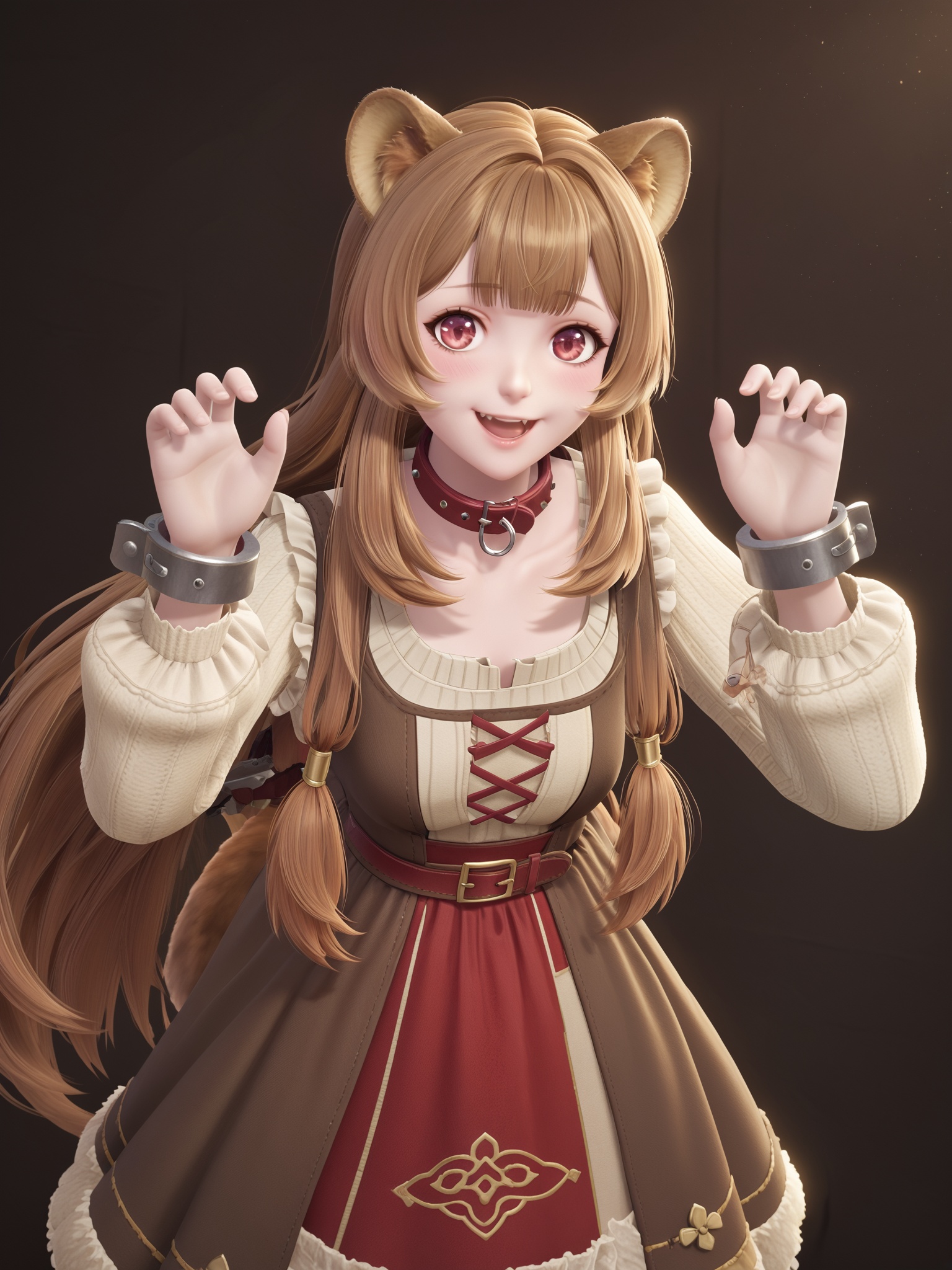 score_10,score_9,score_8_up,score_7_up,1girl,animal ears,raphtalia,long hair,solo,brown hair,open mouth,smile,raccoon ears,raccoon girl,long sleeves,dress,very long hair,collar,fang,red eyes,looking at viewer,:d,animal ear fluff,blush,cuffs,