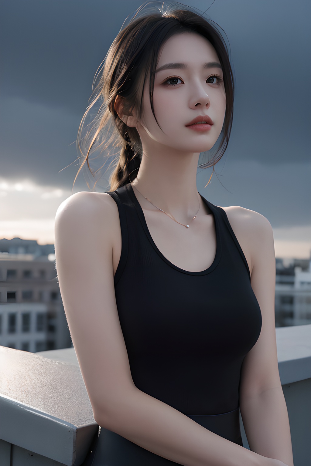 <lora:0809_01:0.7>,Frontal photography,Look front,evening,dark clouds,the setting sun,On the city rooftop,A 20 year old female,Black top,Black Leggings,black hair,long hair,dark theme,muted tones,pastel colors,high contrast,(natural skin texture, A dim light, high clarity) ((sky background))((Facial highlights)),, 1girl,realistic,masterpiece, best quality, photorealistic, HDR,detail