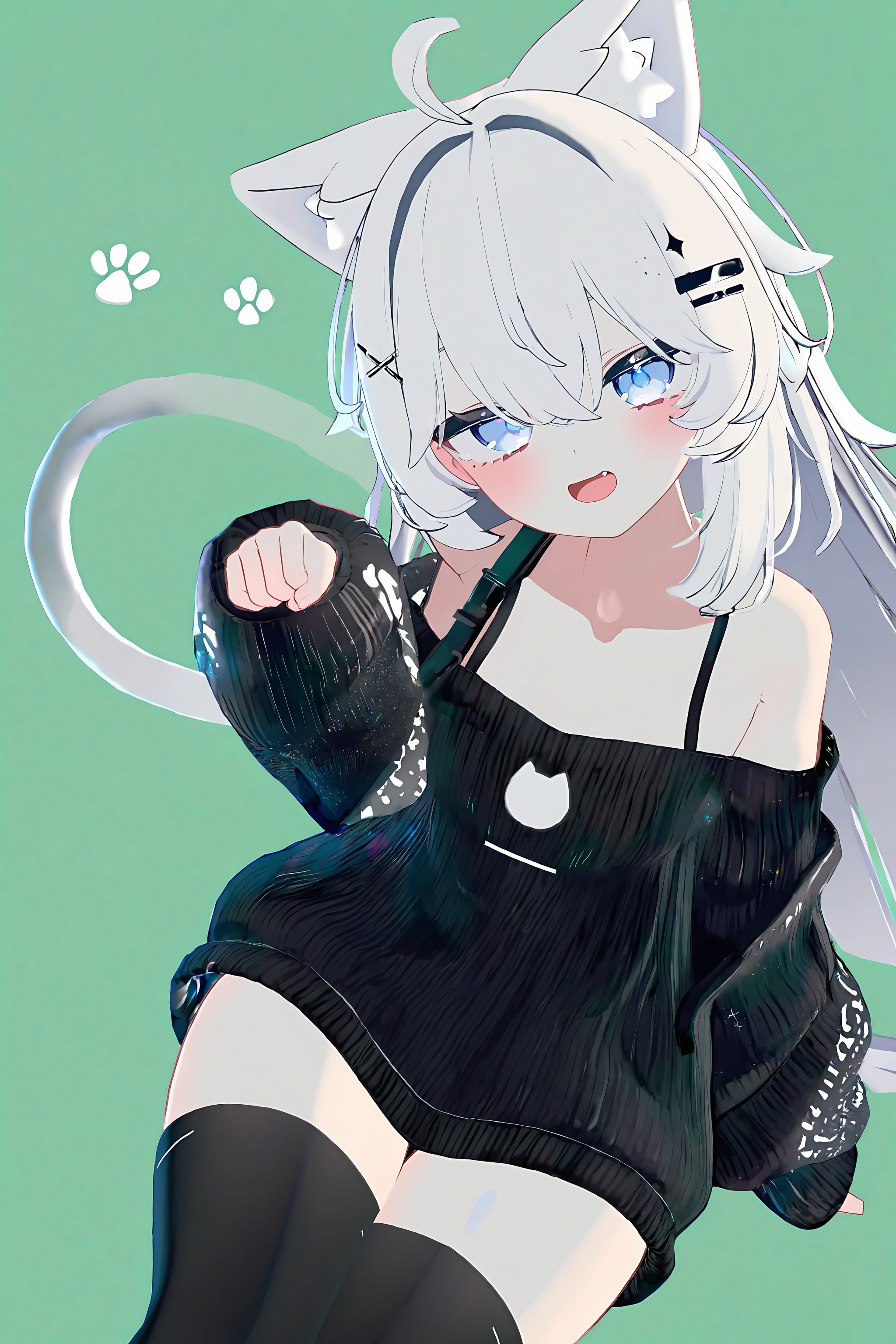 vrc_vibe,<lora:vrc_style_v2>,masterpiece,best quality,highly detailed,masterpiece,best quality,highly detailed,1girl,solo,animal ears,cat ears,white hair,long hair,blue eyes,blush,open mouth,smile,fang,ahoge,hair ornament,hair clip,cat tail,tail,black sweater,sweater,long sleeves,oversized,oversized sweater,print,japanese text,off shoulder,black camisole,shoulder strap,thighhighs,black thighhighs,zettai ryouiki,sitting,hand up,paw pose,looking at viewer,head tilt,simple background,green background,paw print,sparkles,cowboy shot,