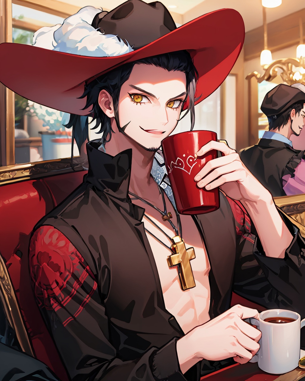 masterpiece,best quality, highly detailed, dracule mihawk,male focus, hat, 2boys, holding cup, mug, scar, necklace, looking at viewer, smile, solo focus,<lora:dracule_mihawk:1>