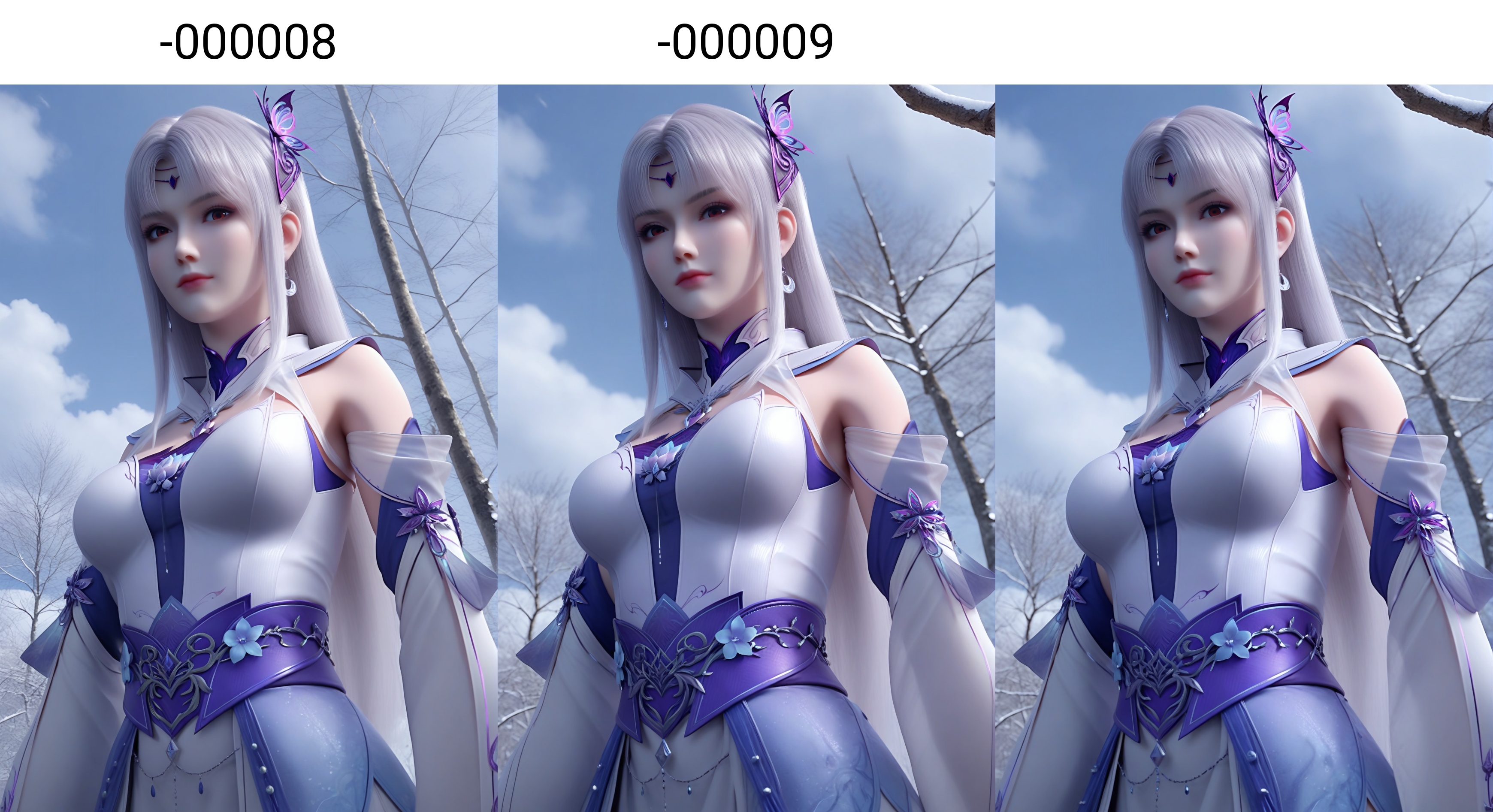 (score_9),<lora:小医仙白-apony-000008:0.83>,xiaoyixian,solo,1girl,hair ornament,long hair,silver hair,headpiece,butterfly hair ornament,crescent earrings,detached collar,chest jewel,dress,detached sleeves,jewelry,<lora:Expressive_H-000001:0.8>,light blush,looking at viewer,front view,red eyes,dutch angle,dynamic_angle,from below,pov,hand on hip,closed mouth,serious,day,cloud,(mature_female:1.2),collarbone,pointy breasts,puffy breasts,(large teardrop breasts),<lora:e肤色滑块:0.5>,fair_skin,(pale_skin),(white_skin),<lora:e色温:0.35>,light skin,ultra-detailed skin texture,detailed textures,<lora:皮肤凹痕:1.2>,BREAKsimple background,in snow,Tyndall effect,available light,depth of field,tree,snowflakes,branch,twig,4K ultra HD,sharp focus,high detail,natural lighting,high contrast,