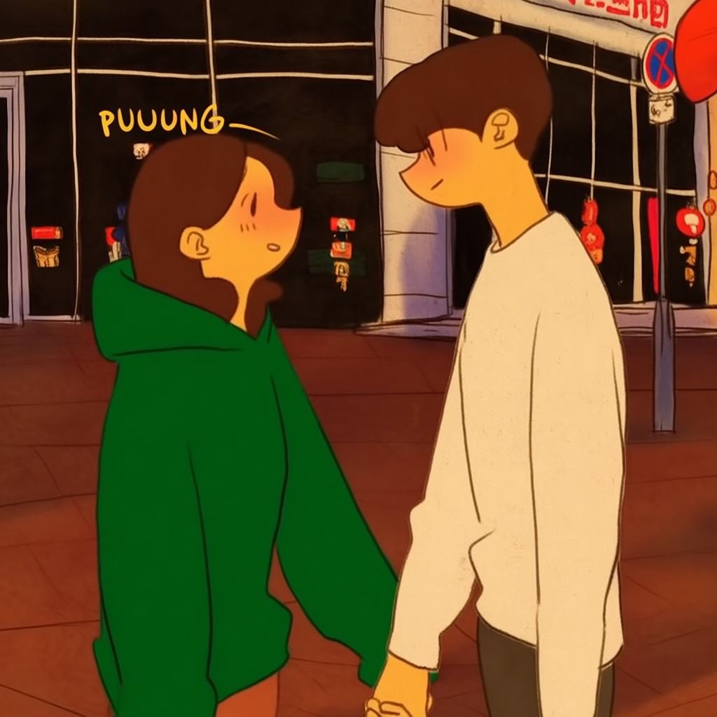 Puuung,  young woman in a green hooded sweatshirt stands holding hands with a tall young man in a white long-sleeved shirt...