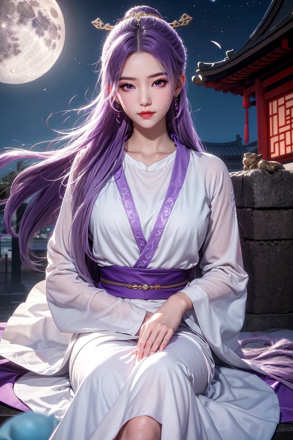 1girl, moon, solo, long hair, sitting, purple hair, night, jewelry, earrings, sky, dress, rock, chinese clothes, long sleeves, full moon, purple eyes, hair ornament, outdoors, hair bun, very long hair, architecture, night sky, sash, white dress, east asian architecture, closed mouth, single hair bun, looking at viewer, cloud,<lora:SD1.5自用云霄:0.7>,