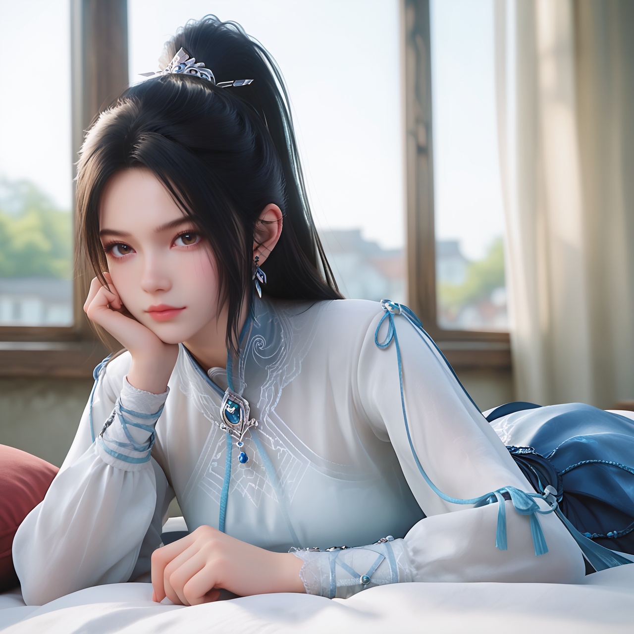 score_9,score_8_up,score_7_up,score_6_up,best quality,detailed clothes,masterpiece,8k,simple background,sfw,rim light,perfect hands,depth of field,<lora:宁姚白衣2-剑来-Pony:0.8>,ningyao,1girl,solo,ponytail,dress,closed mouth,looking at viewer,lying,on stomach,on bed,red pillow,upper body,head rest,window,curtains,