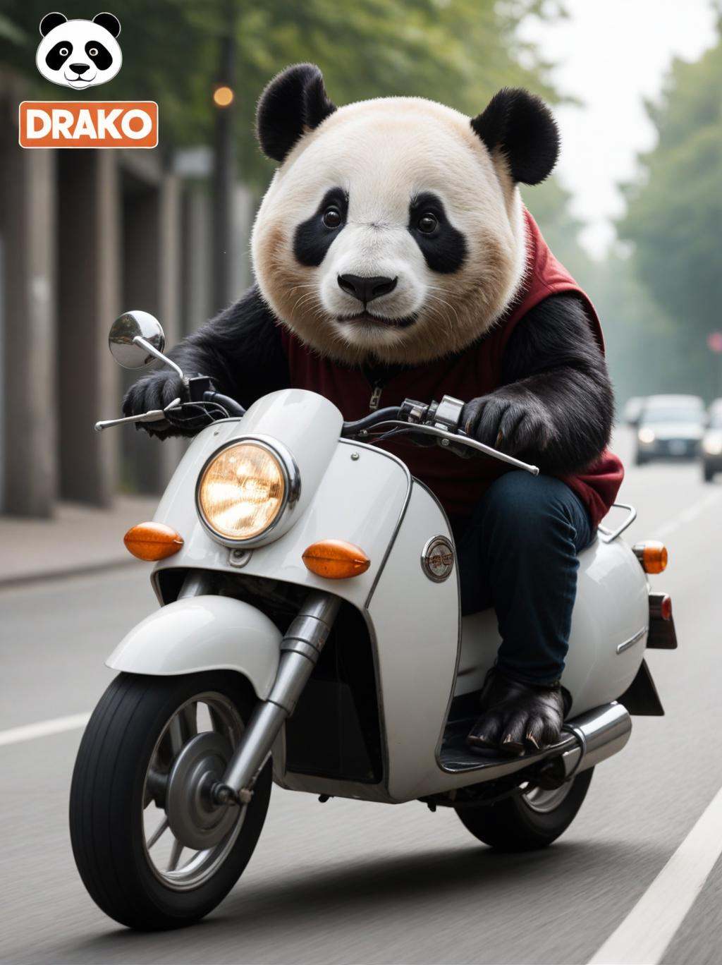 (movie poster with title and text graphics:1.3) (under the title banner text logo "D\R\A\K\O":1.5), natural light panda riding moped, speeding past other cars, (gaussian blur:1.1) (high key photo masterpiece:1.2) raw photo, (film grain:1.3), depth field, bokeh, Best quality, masterpiece, ultra high res, (photorealistic:1.4), (smooth light:1.4)