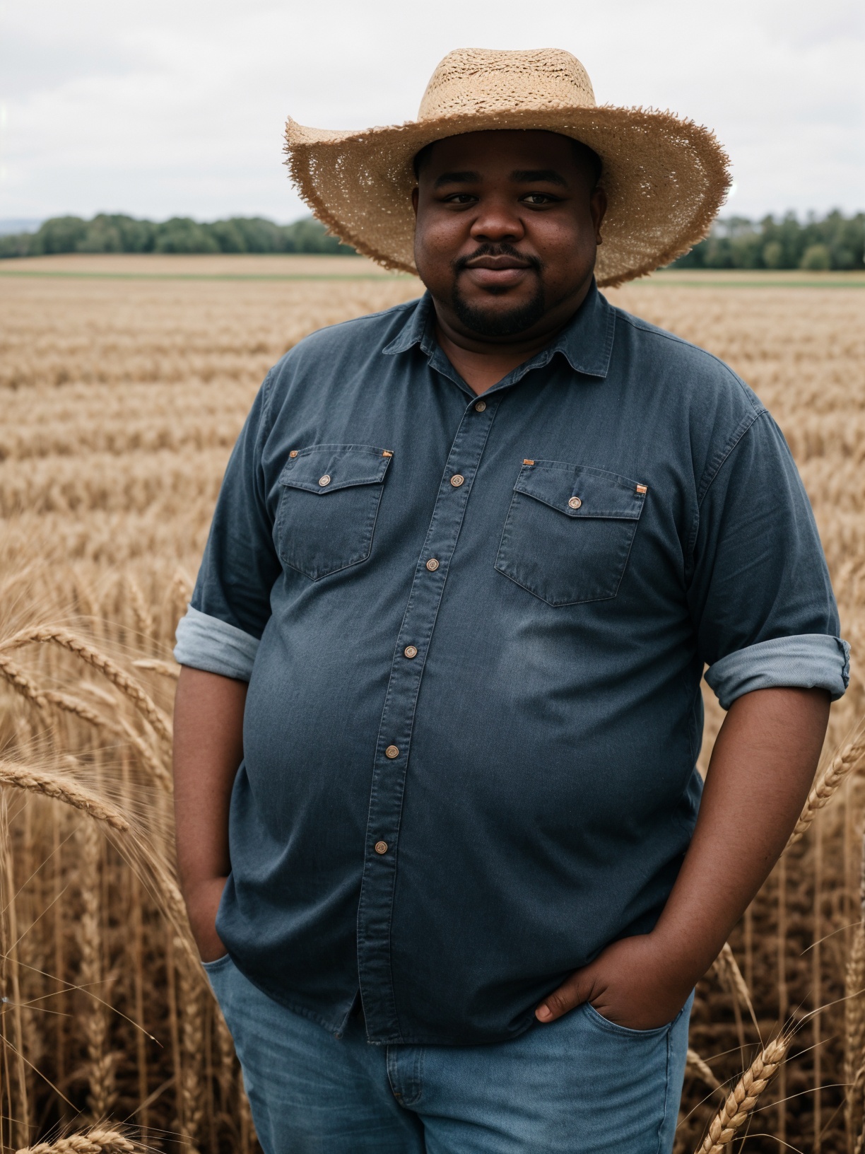 raw photo,  a black fat man,  a straw hat on Tensor.Art