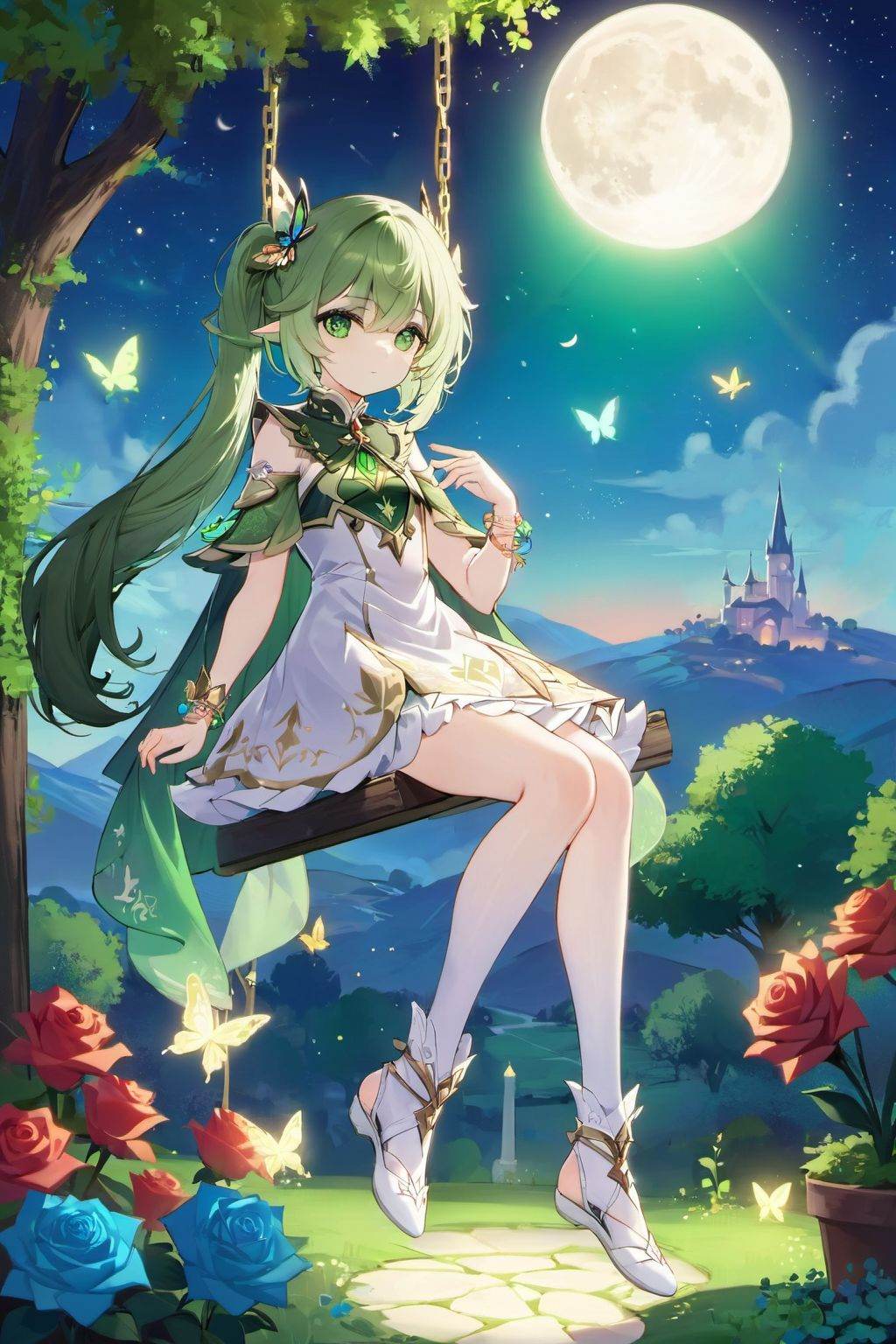 masterpiece,best quality,cinematic,dynamic lighting,Nahida,1girl,solo,long hair,looking at viewer,smile,bangs,hair ornament,dress,hair between eyes,jewelry,sitting,closed mouth,green eyes,full body,flower,white hair,short sleeves,sidelocks,multicolored hair,detached sleeves,green hair,sky,sleeveless,pointy ears,cape,white dress,side ponytail,bracelet,symbol-shaped pupils,gradient hair,toes,night,sleeveless dress,rose,moon,white footwear,bug,plant,butterfly,night sky,full moon,toeless legwear,toeless footwear,cross-shaped pupils,stirrup legwear,swing,green sleeves,nahida (genshin impact),<lora:原神草神纳西妲XL:1>,