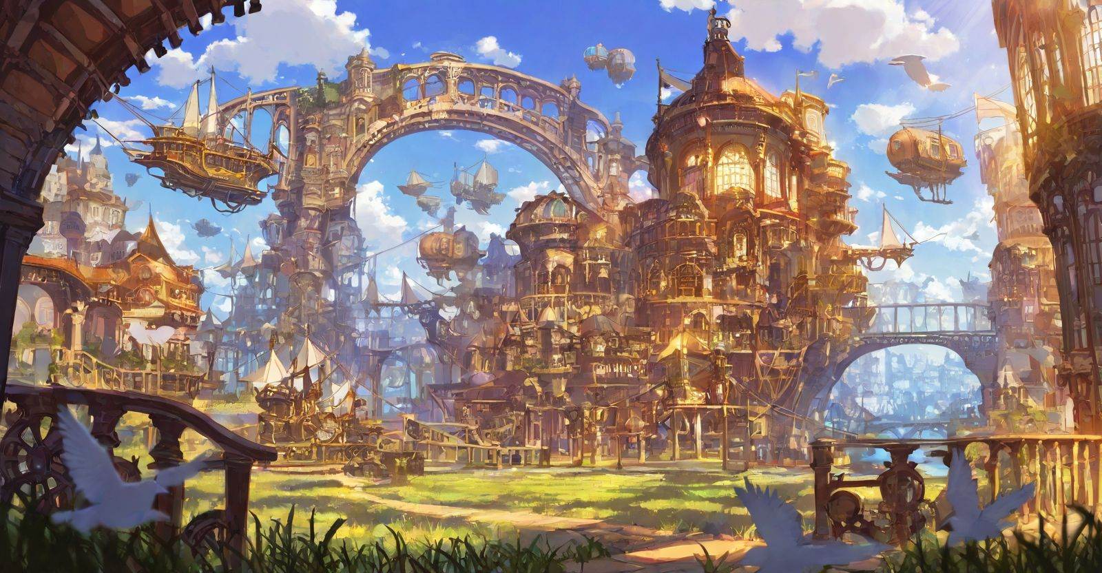 highres,extremely detailed 8k wallpaper,illustration,depth of field,great quality,masterpiece,best quality,amazing quality,very aesthetic,absurdres,Japanese fantasy style,artist:ciloranko BREAK<lora:Japanese fantasy style:0.8>, -Japanese fantasy style, scenery, bird, outdoors, fantasy, sky, cloud, day, gears, bridge, arch, building, no humans, city, airship, aircraft, banner, flag, blue sky, sunlight, architecture, steampunk, dove, railing, grass