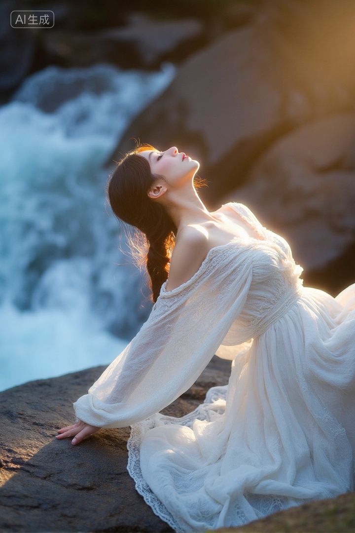 A woman wearing a flowing white lace dress with her shoulder exposed is sitting on a rock by the rapid stream,leaning back with her head,warm sunlight forming a halo on her clothes,contrasting with the blue and white water,an ethereal and poetic atmosphere,the integration of human and nature,soft and dreamy lighting.,, Negative prompt: ng_deepnegative_v1_75t,(badhandv4:1.2),EasyNegative,(worst quality:2),,nsfw, Steps: 30, Sampler: Euler, CFG scale: 3.5, Seed: 2152335943, Size: 720x1080, Model hash: 8cba4f1ef4, Model: F.1基础算法模型-哩布在线可运行_F.1-dev-fp8.safetensors, Denoising strength: 0, RNG: CPU, Lora 1: 20250913-1757780180322-0001, Lora Hash 1: 2c61ab8cf8, Lora Weight 1: 0.8, vae_name: automatic