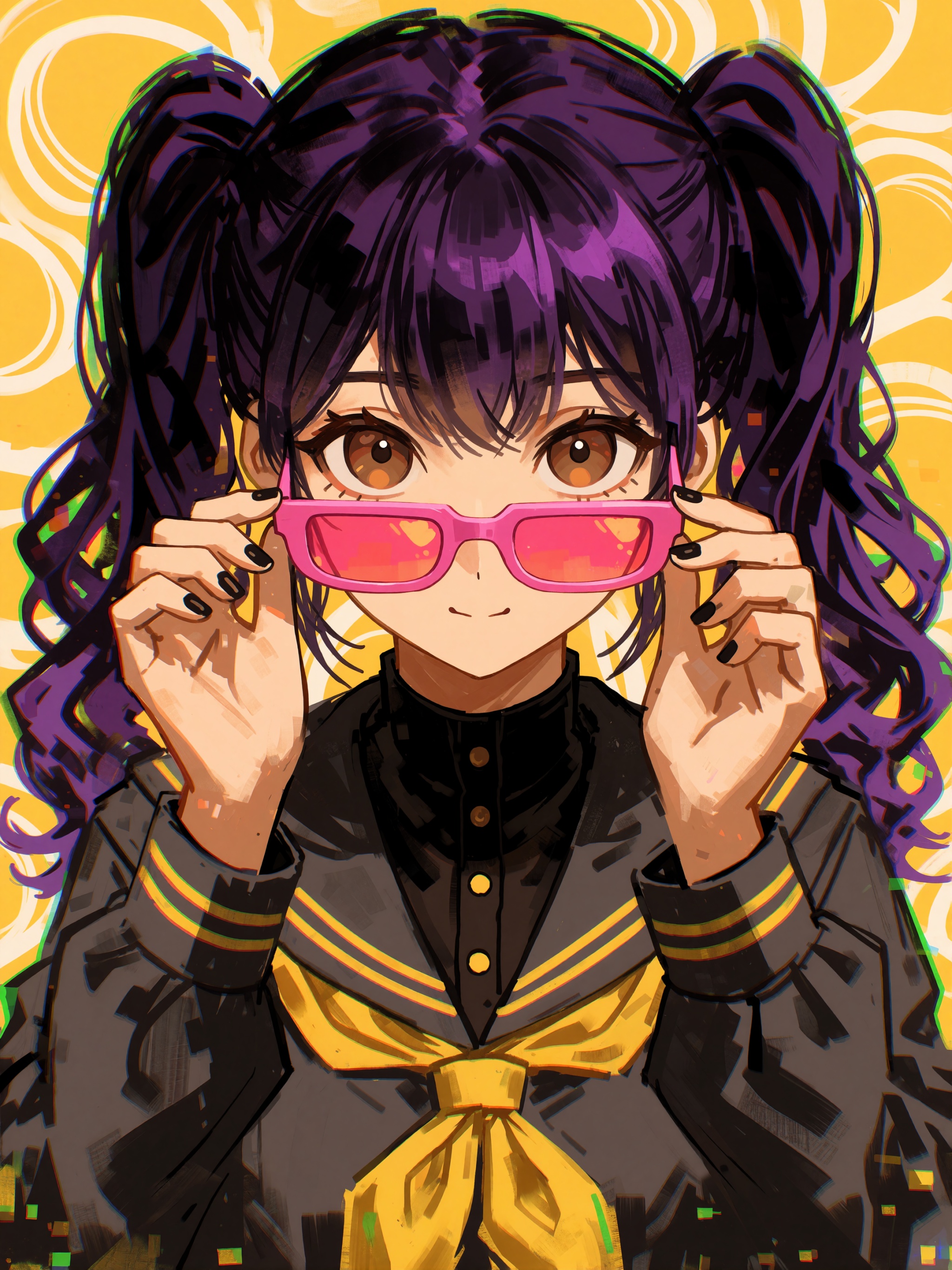 A young woman with a stylized,  anime-inspired appearance. She has large,  expressive brown eyes and dark purple on Tensor...