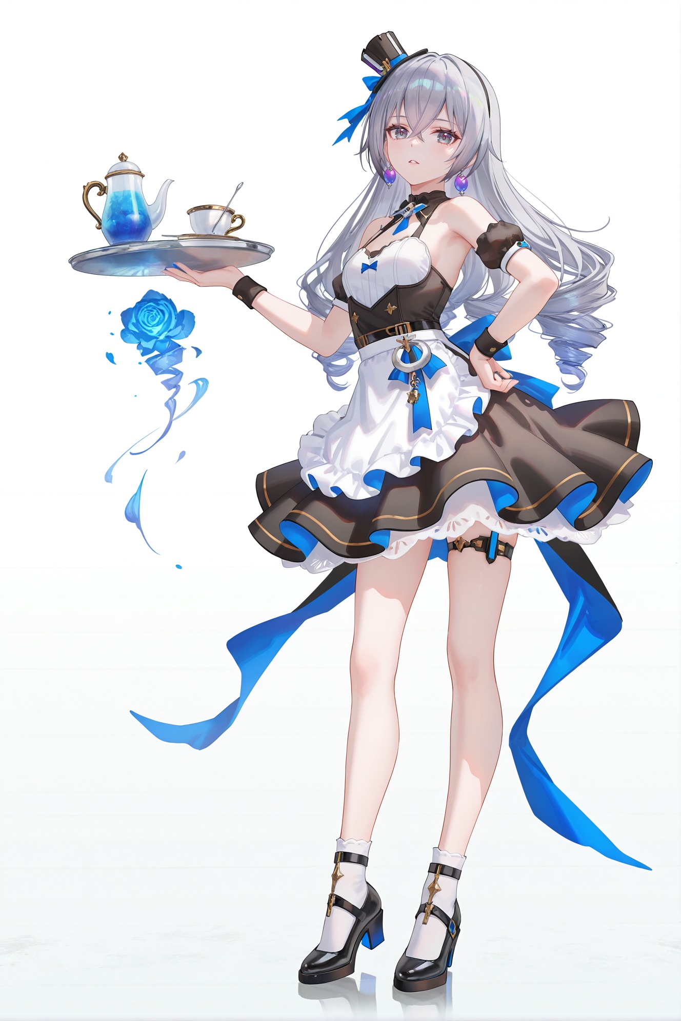 8k,best quality,masterpiece,(ultra-detailed),(high detailed skin),((artist:reoen),(artist:fuzichoco),(artist:atdan),(artist:torino_aqua),year 2024:0.8)1girl,[artist:wlop],[artist:ningen_mame],artist:ciloranko,[[artist:rhasta]],artist:tidsean,colorful,full body,full shot,standing,looking at viewer,(solo:1.2),simple background,(white background:1.2),hand on own hip,(white background:1.1),(maid apron,maid,maid dress,cafe maid :1.3),<lora:BronyaZaychik-zhenli-ill-Tanger:0.6>,Bronya Zaychik,Magic Girl Bronya hat,1girl,jewelry,earrings,long hair,drill hair,bare shoulders,bangs,grey hair,grey eyes,