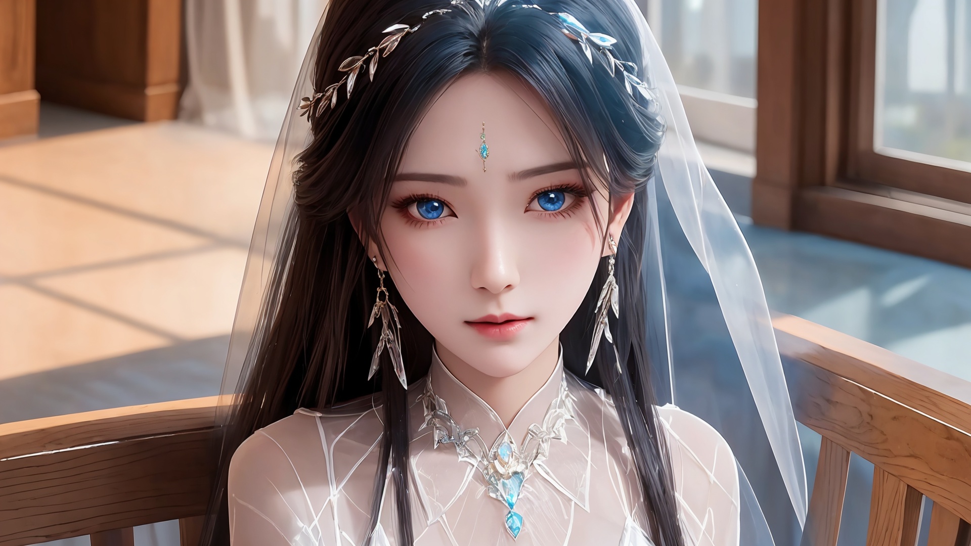 1girl,jewelry,solo,black hair,long hair,earrings,dress,upper body,white dress,veil,indoors,necklace,hair ornament,table,window,looking at viewer,closed mouth,blue eyes,<lora:girl solo luxueqi_20240911015355:0.6>,<lora:SD1.5泛光调节_v1.0:0.5>,