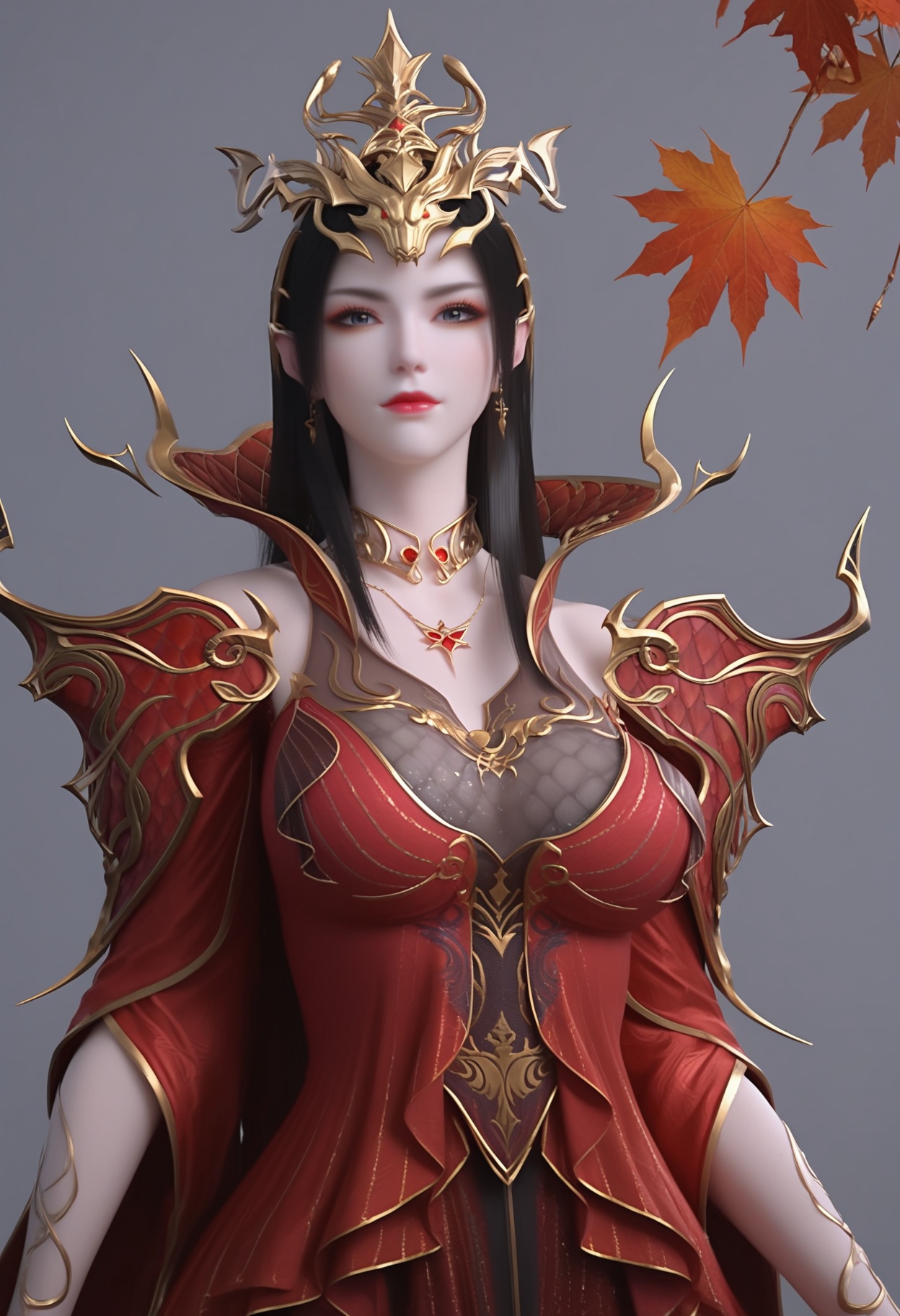(score_9),<lora:斗尊美杜莎-apony-000009:0.82>,meidusha,1girl,solo,hair ornament,tiara,long hair,black hair,pointy ears,earrings,(gray-blue eye),cocked eyebrow,collar,popped collar,jewelry,shoulder armor,metal collar,necklace,red dress,detached sleeves,black pantyhose,(glamor),curvy,mature_female,collarbone,pointy breasts,puffy breasts,(large teardrop breasts),(see-through cleavage),BREAKlooking at viewer,front view,BREAK<lora:Expressive_H-000001:0.8>,light blush,Expressiveh,body blush,<lora:e肤色滑块:0.25>,(pale_skin),(Ivory_skin),(light_skin),ultra-detailed skin texture,detailed textures,BREAK<lora:e色温:0.35>,simple background,grey background,twig,autumn leaves,Tyndall effect,available light,depth of field,lens_flare,
