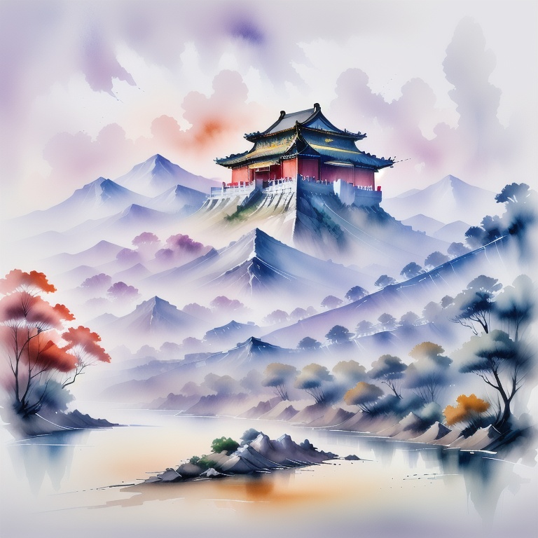 best quality,high resolution,unity 8k wallpaper,(illustration:1),chinese_style,bird,sky,river,hill,monochrome,,<lora:5WaterColorful-000003:1>