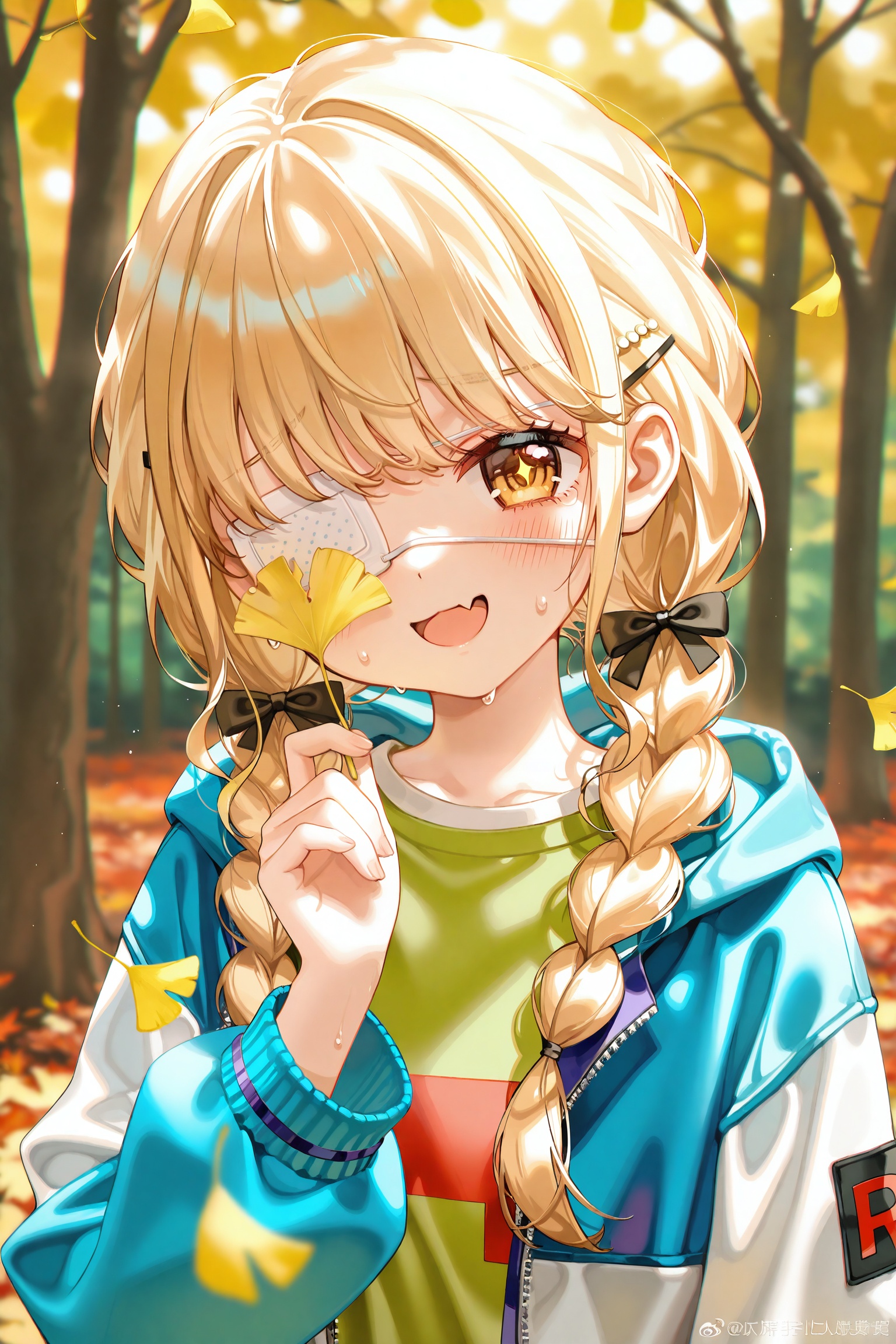 masterpiece,absurdres,best quality,petite,high quality,chromatic_aberration,//,fujita kotone,1girl,solo,braid,twin braids,skin fang,yellow eyes,blonde hair,fang,jacket,blush,leaf,smile,open mouth,looking at viewer,long hair,yellow shirt,blurry,upper body,blurry background,outdoors,long sleeves,shirt,open clothes,open jacket,bangs,sweat,holding leaf,sweatdrop,fanart,holding,pillarboxed,multicolored clothes,multicolored jacket,:d,white jacket,hair ribbon,one eye covered,falling leaves,hood,autumn,maple leaf,autumn leaves,hair ornament,bow,ribbon,twitter username,low twin braids,hooded jacket,eyepatch,tree,hair bow,hand up,ginkgo leaf,hairclip,flower over eye,black ribbon,hair over shoulder,tears,black bow,day,hood down,watermark,puffy long sleeves,portrait,eyelashes,puffy sleeves,sidelocks,dot nose,yellow background,orange eyes,twintails,jewelry,covering one eye,sunlight,glowing,depth of field,nature,low twintails,light particles,plaid,backlighting,blurry foreground,head tilt,eyeshadow,hair between eyes,english text,artist name,team rocket,brown eyes,blue jacket,green shirt,t-shirt,nervous sweating,unzipped,food,flying,sparkling eyes,zipper,forest,tareme,zipper pull tab,very long hair,bishounen,fingernails,column lineup,two side up,/artist:ciloranko,