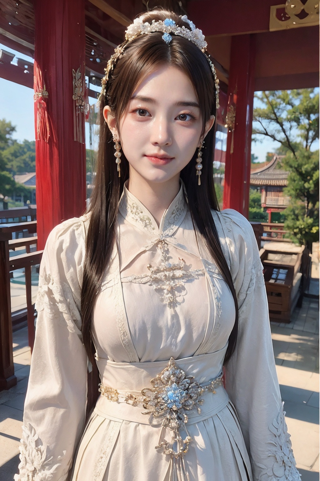 CAFC,1girl,solo,long hair,white clothes,earrings,jewelry,hair accessories,upper body,suburban scenery,east asian,chinese style architecture,