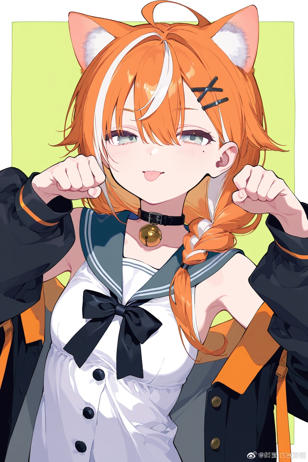 1girl,animal ears,tongue,solo,neck bell,tongue out,bell,hair ornament,sailor collar,green background,paw pose,collar,braid,upper body,looking at viewer,bow,hairclip,multicolored hair,mole under eye,weibo username,collarbone,jacket,hair between eyes,streaked hair,animal ear fluff,sleeveless,shirt,black collar,long hair,white hair,x hair ornament,bowtie,off shoulder,orange hair,blue sailor collar,ahoge,weibo logo,cat ears,black bow,black jacket,long sleeves,mole,open clothes,white shirt,buttons,:p,hair over shoulder,single braid,sleeveless shirt,eyelashes,choker,simple background,open jacket,black bowtie,bare shoulders,white border,hands up,grey sailor collar,breasts,black choker,jacket partially removed,half-closed eyes,jingle bell,two-tone background,grey eyes,virtual youtuber,<lora:蓝色苏醒:0.7>,