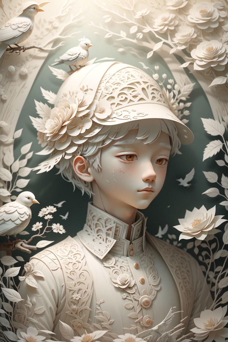 (A boy),Paper carving art,bird,solo,fantasy - inspired art,digital art wonders,flower,hat,short hair,white hair,white flower,<lora:Paper carving art纸雕艺术:1.2>,Clean background,暖色,温暖的光线,